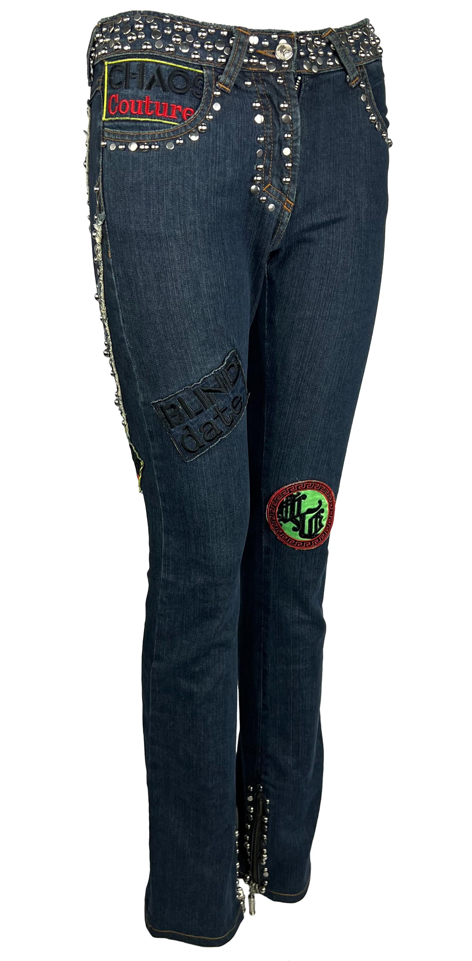 Women's S/S 2005 Versace by Donatella Denim Chaos Couture Patch Metal Studded Jeans For Sale