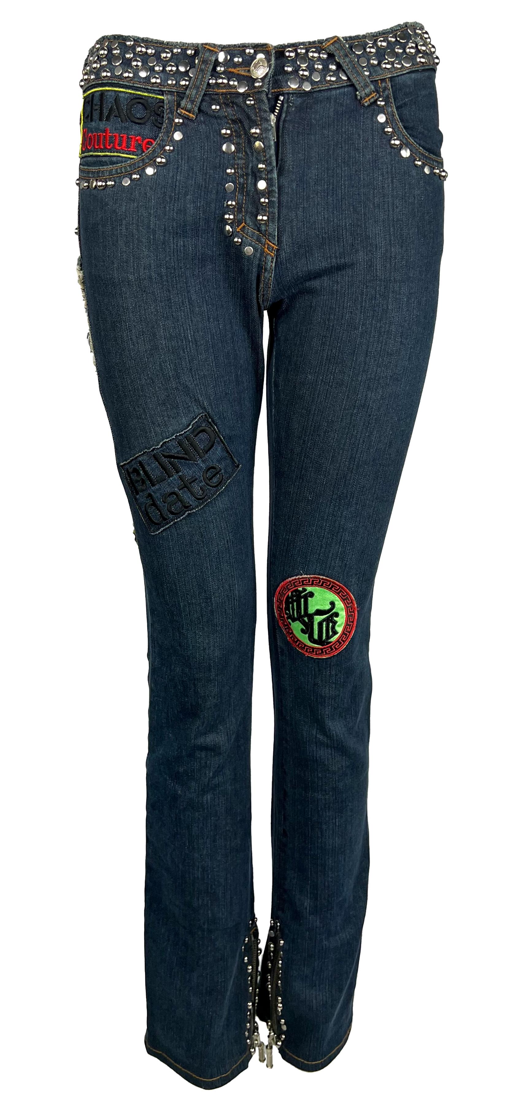 S/S 2005 Versace by Donatella Denim Chaos Couture Patch Metal Studded Jeans For Sale 1