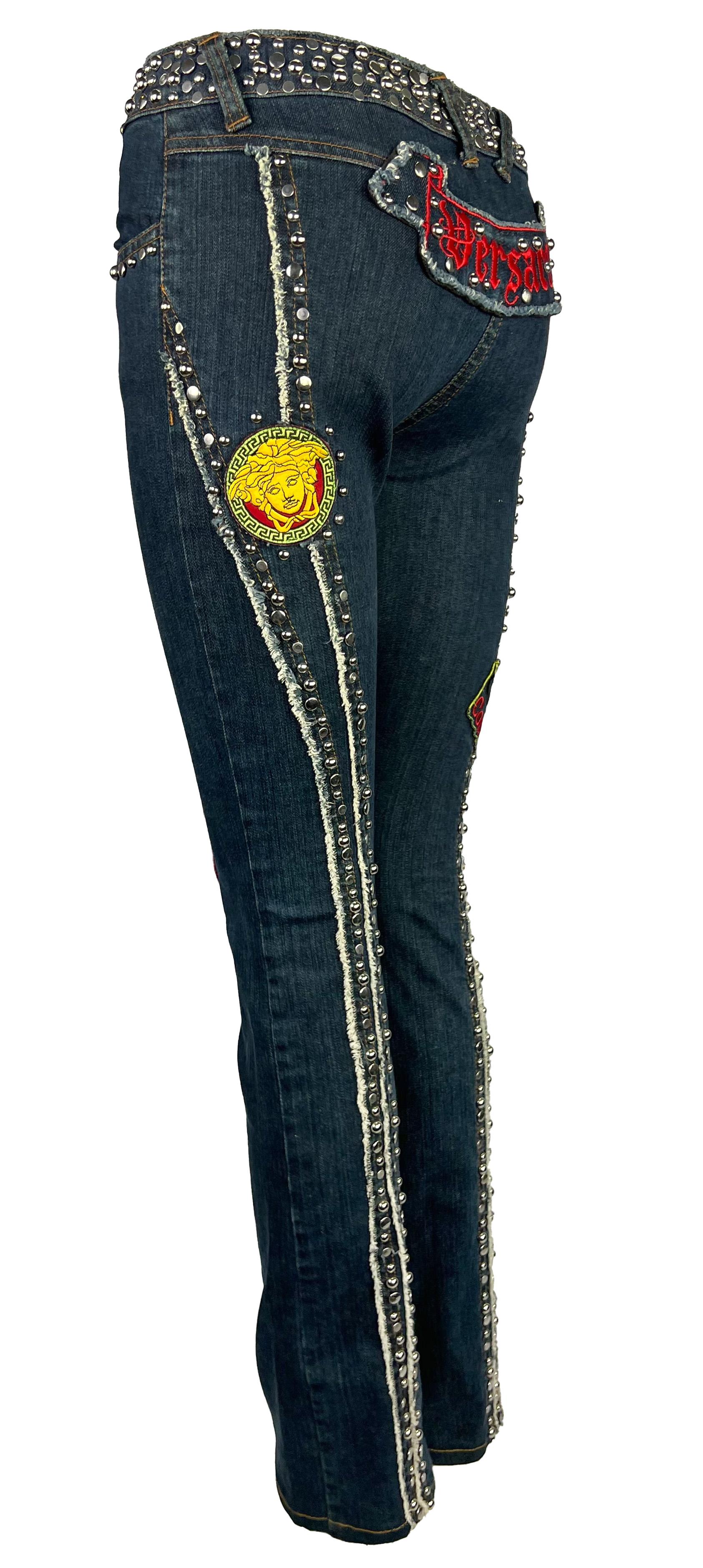 S/S 2005 Versace by Donatella Denim Chaos Couture Patch Metal Studded Jeans For Sale 3