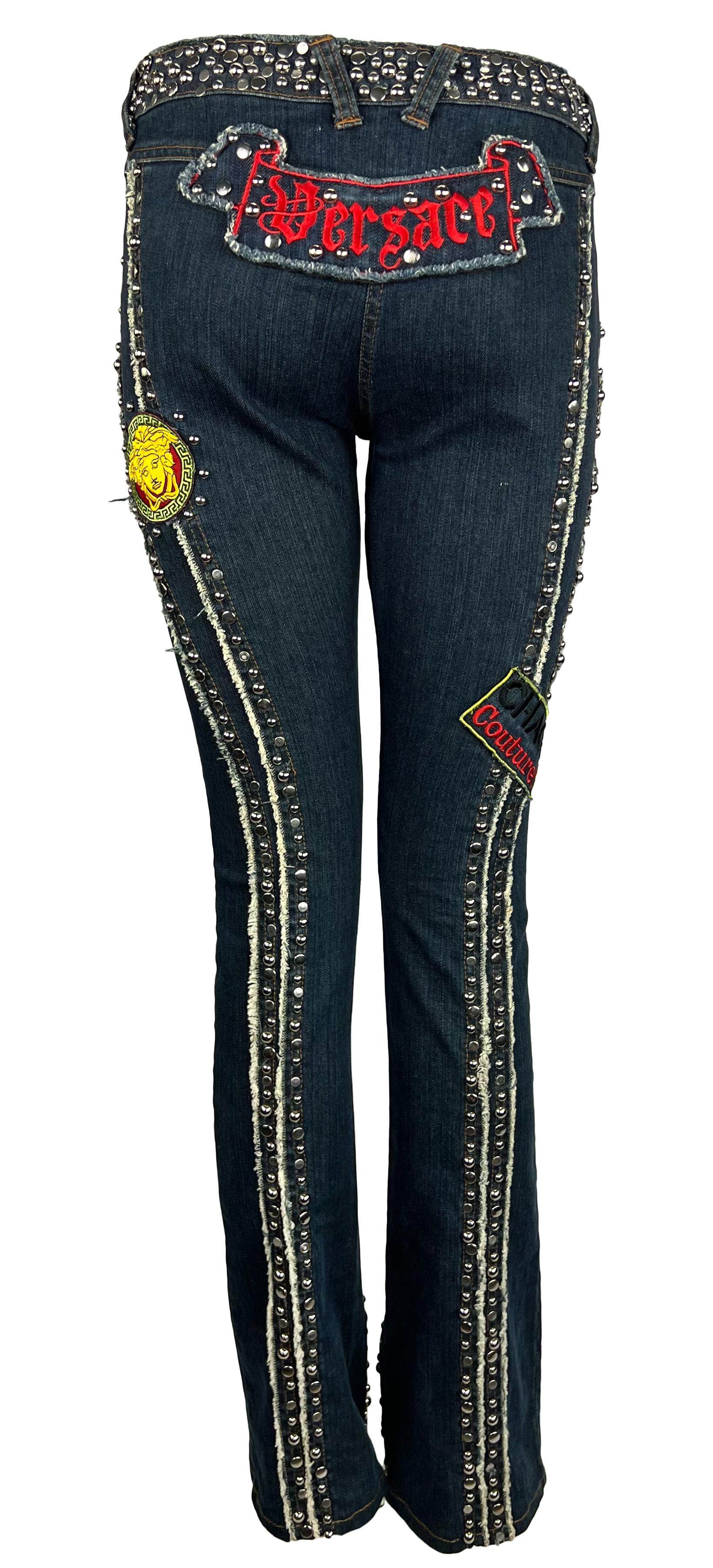 S/S 2005 Versace by Donatella Denim Chaos Couture Patch Metal Studded Jeans For Sale 4