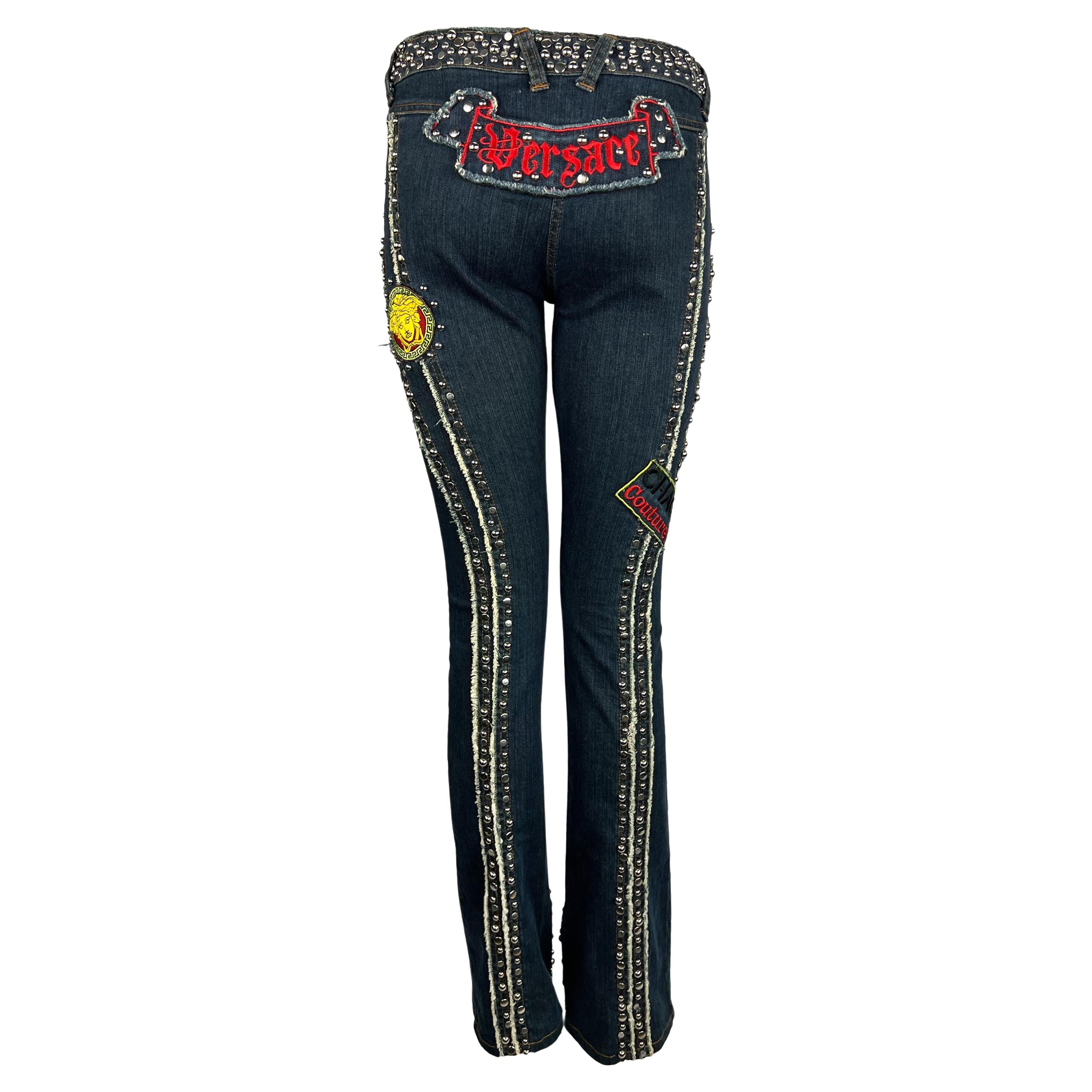 S/S 2005 Versace by Donatella Denim Chaos Couture Patch Metal Studded Jeans For Sale