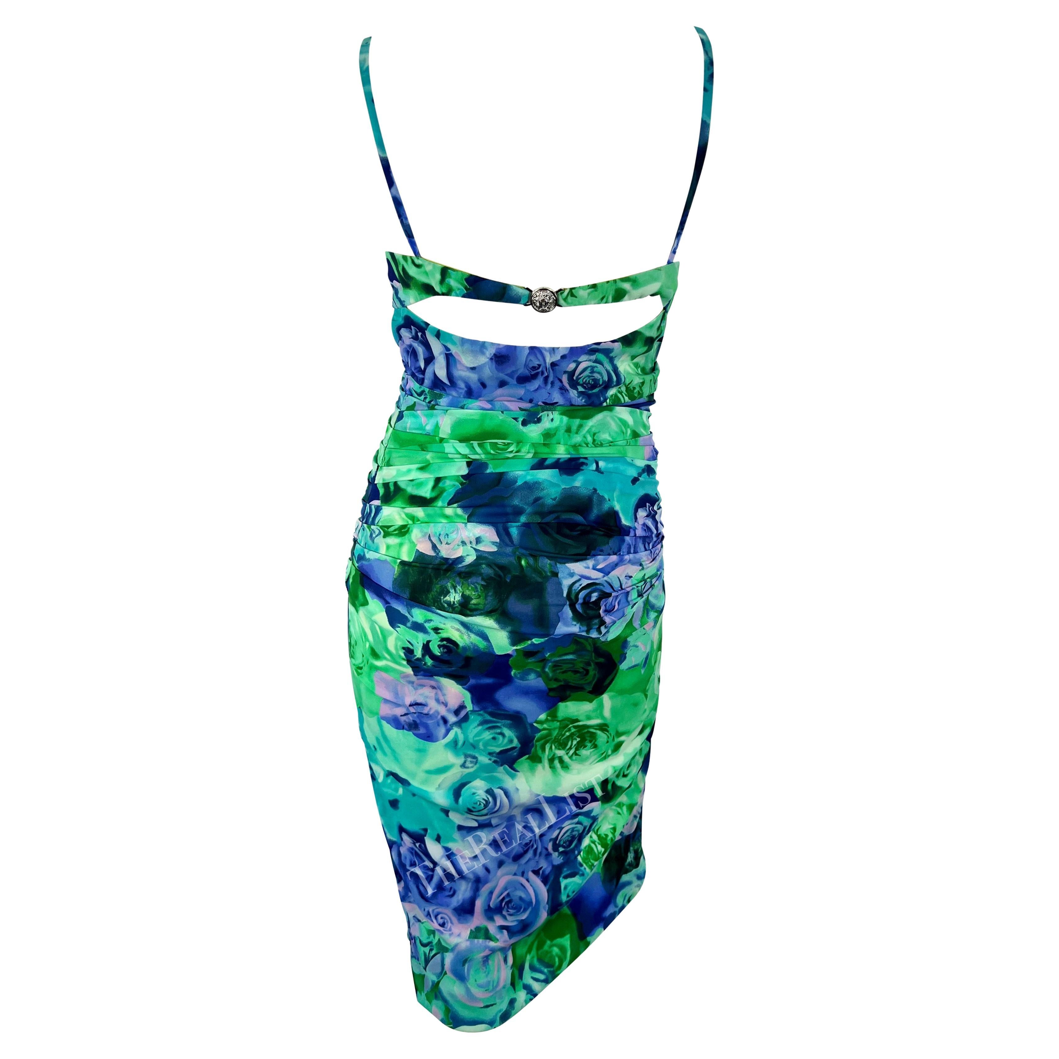 S/S 2005 Versace by Donatella Medusa Buckle Green Blue Rose Print Bodycon Dress In Excellent Condition For Sale In West Hollywood, CA