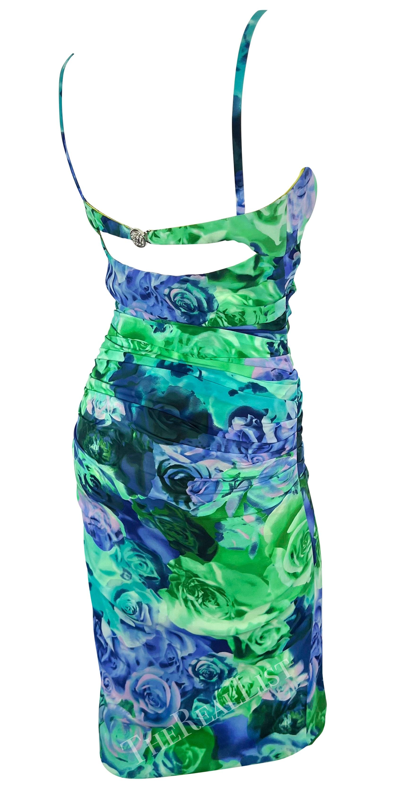 S/S 2005 Versace by Donatella Medusa Buckle Green Blue Rose Print Bodycon Dress For Sale 1