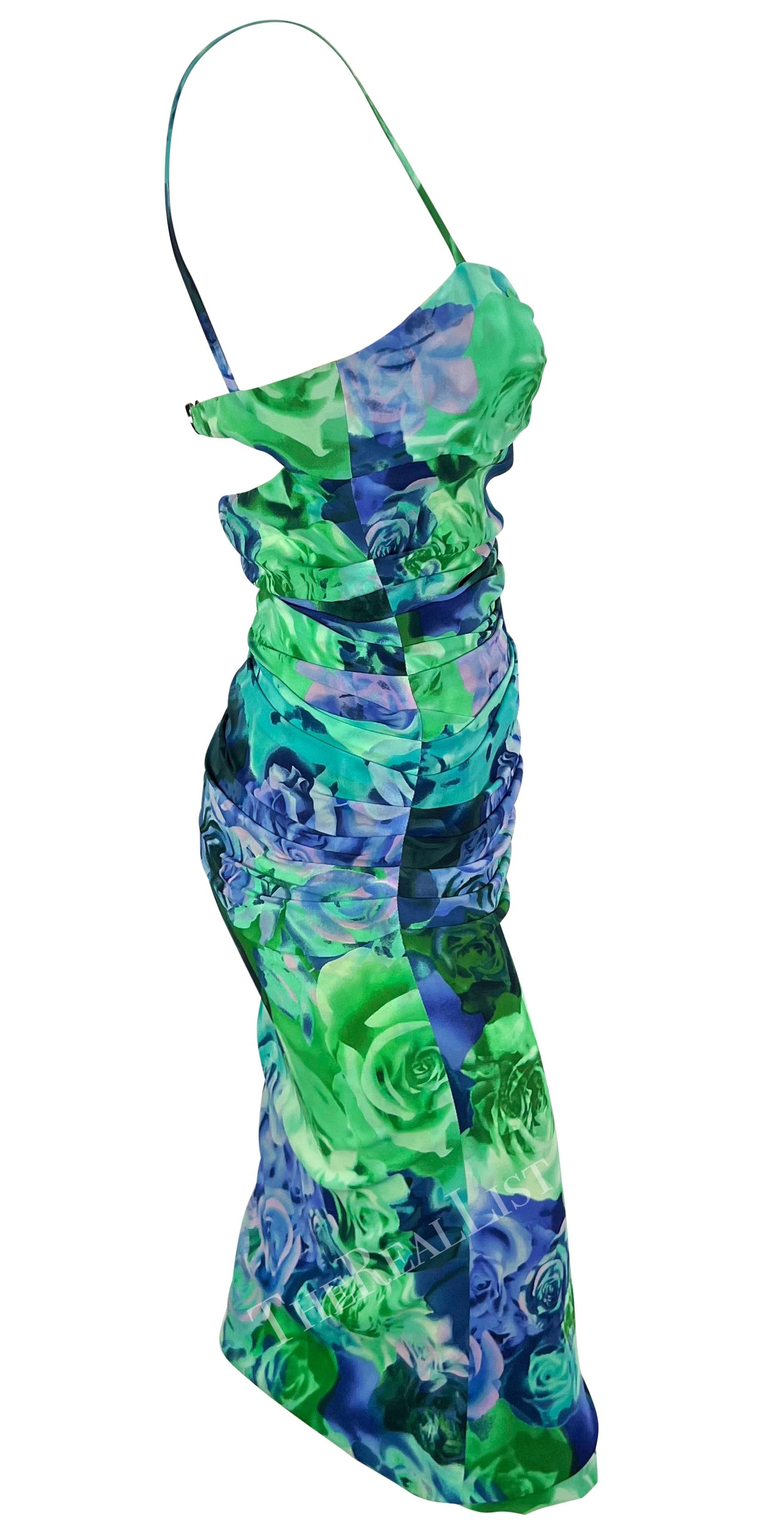S/S 2005 Versace by Donatella Medusa Buckle Green Blue Rose Print Bodycon Dress For Sale 2