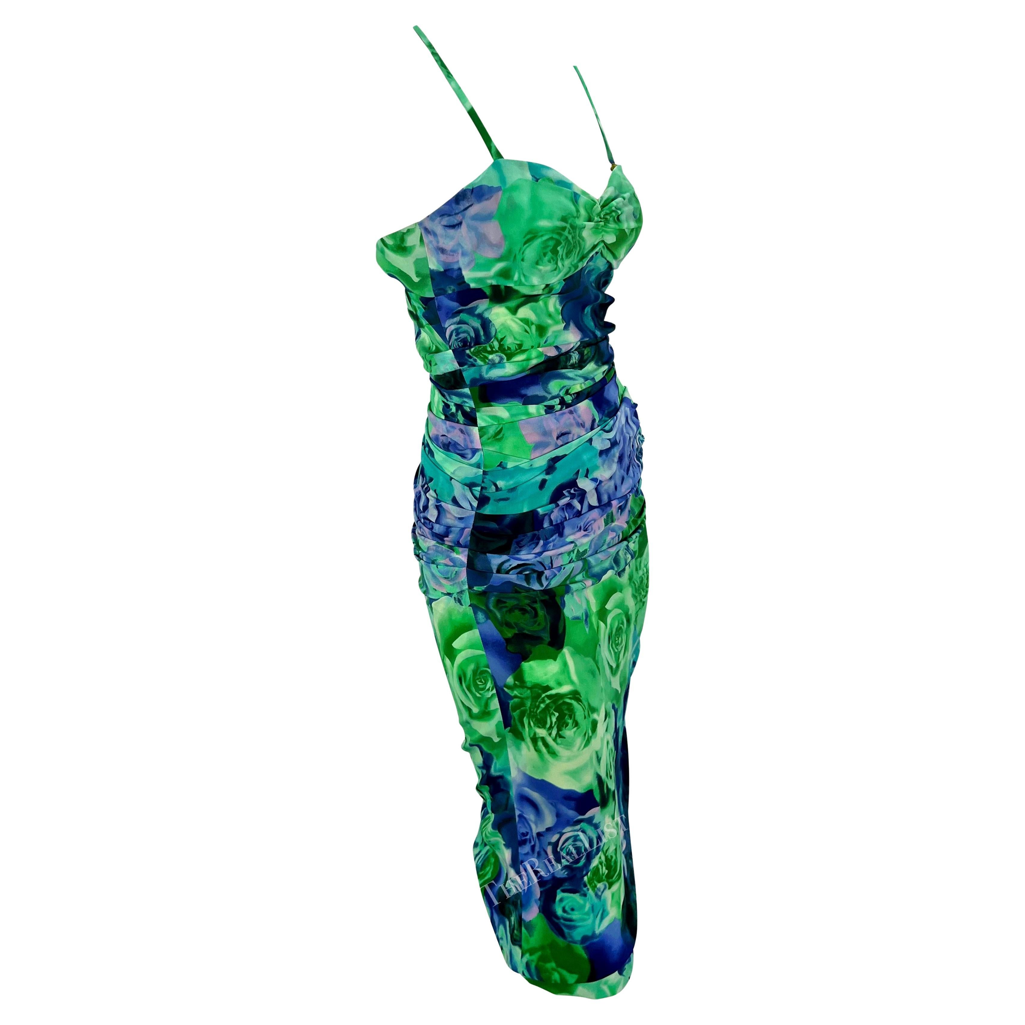S/S 2005 Versace by Donatella Medusa Buckle Green Blue Rose Print Bodycon Dress For Sale 3