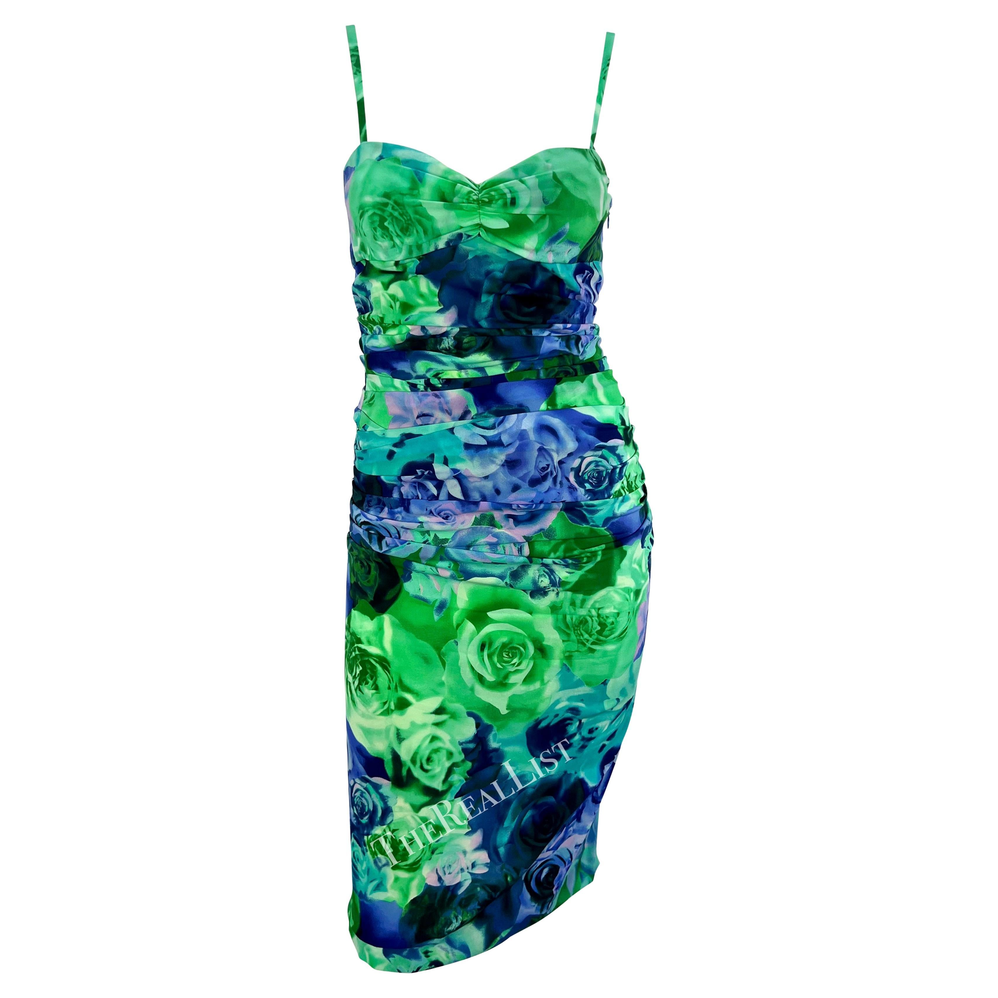 S/S 2005 Versace by Donatella Medusa Buckle Green Blue Rose Print Bodycon Dress For Sale