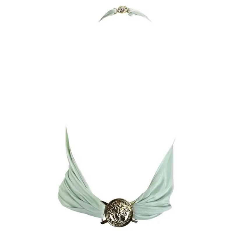 P/E 2005 Versace by Donatella Versace Medallion Backless Halter Top Blue Blouse
