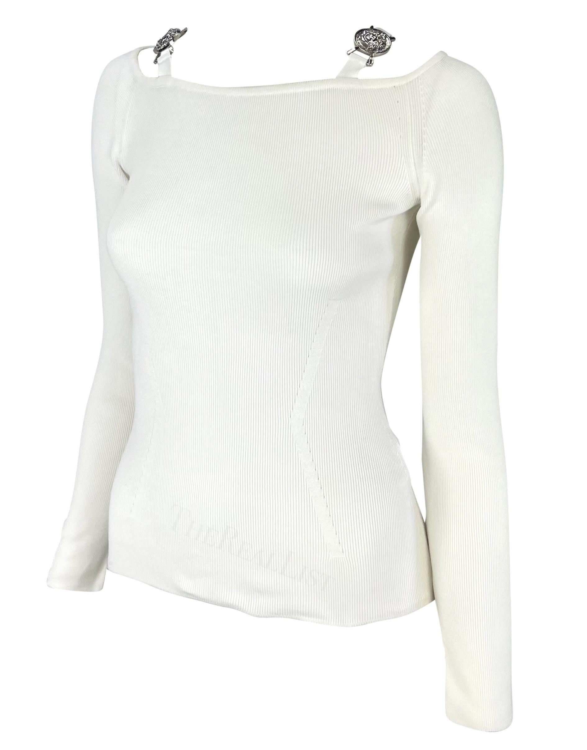 S/S 2005 Versace by Donatella Medusa Medallion Buckle White Knit Stretch Top In Good Condition For Sale In West Hollywood, CA
