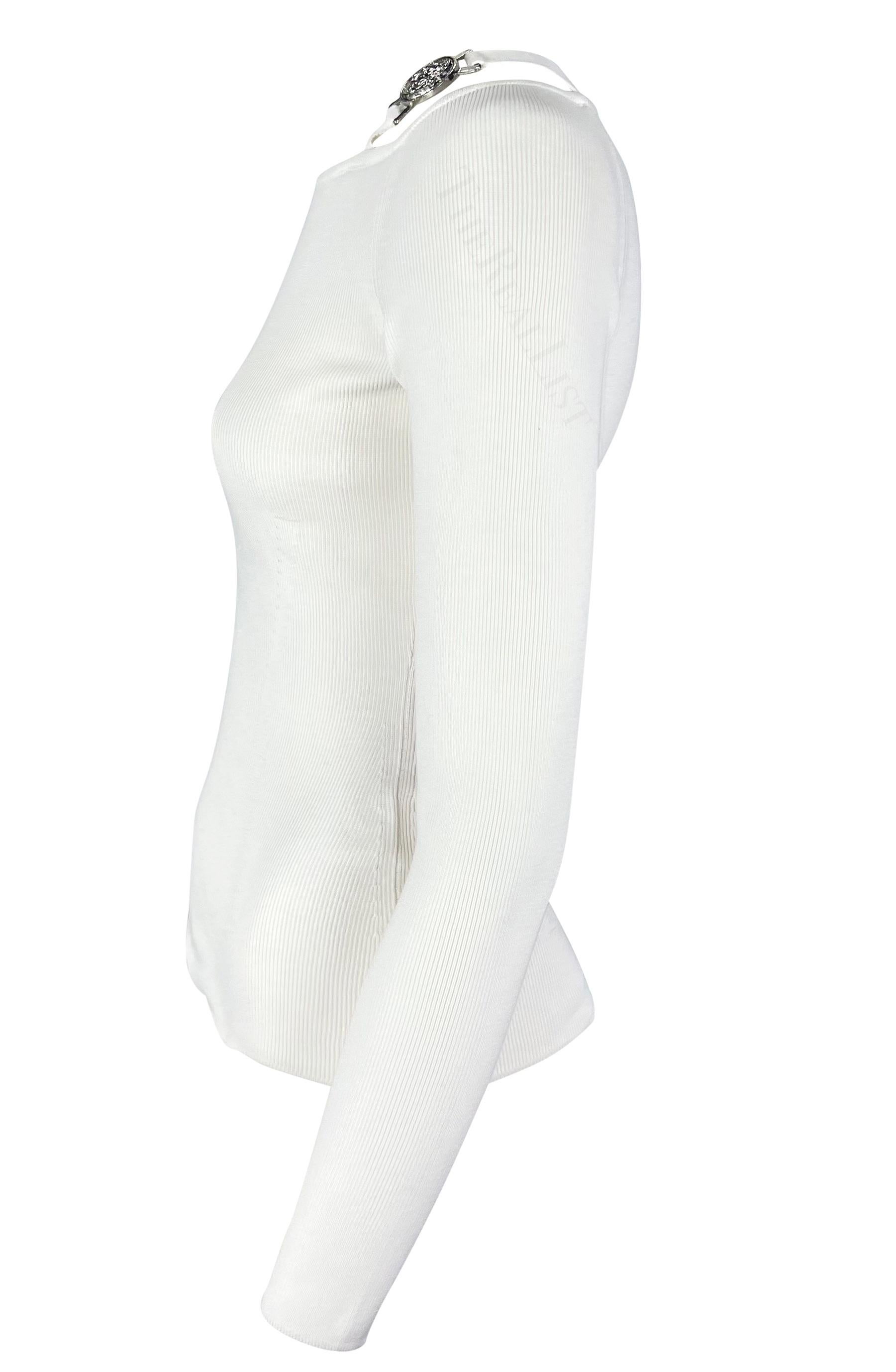 Women's S/S 2005 Versace by Donatella Medusa Medallion Buckle White Knit Stretch Top For Sale