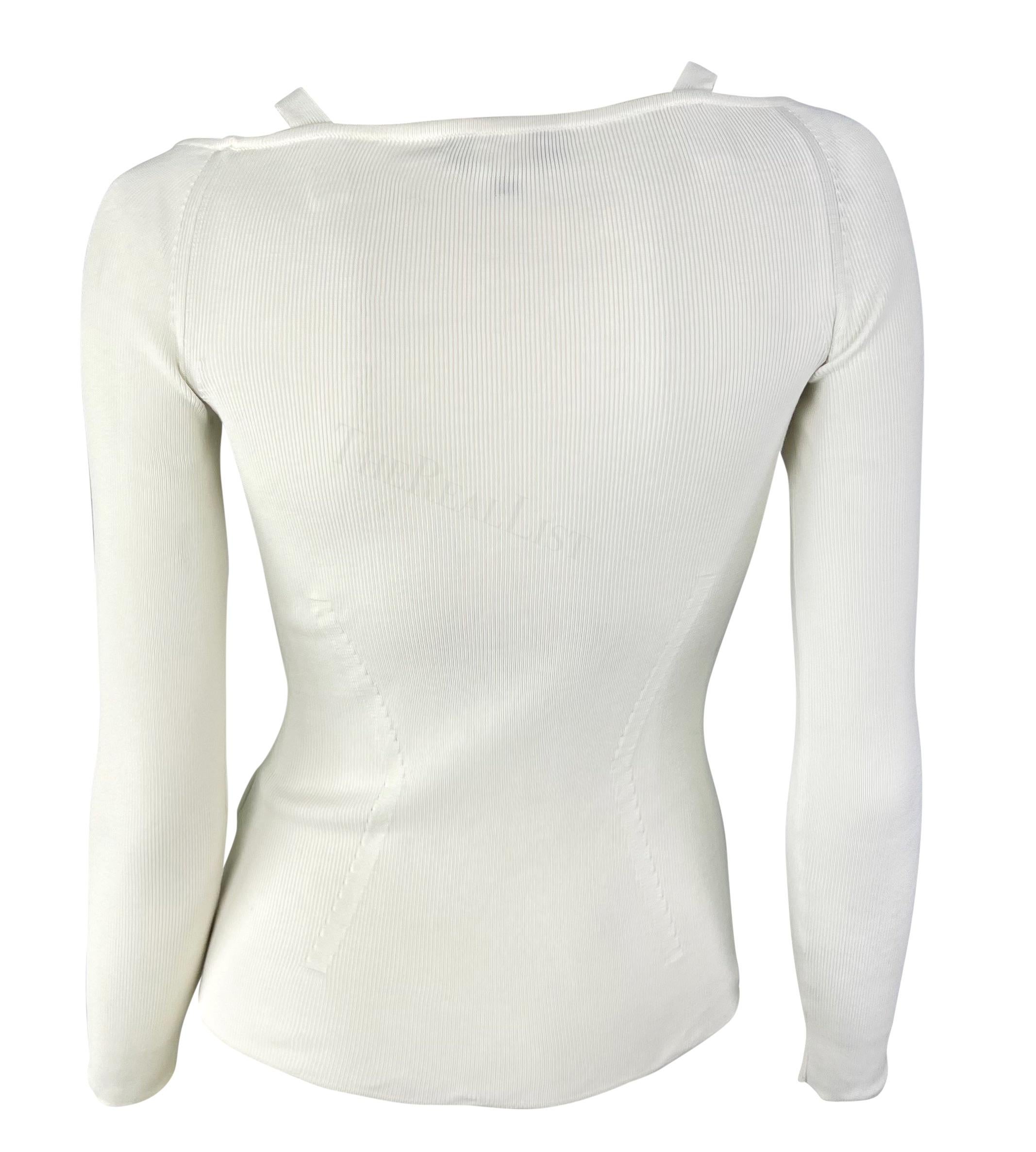 S/S 2005 Versace by Donatella Medusa Medallion Buckle White Knit Stretch Top For Sale 1