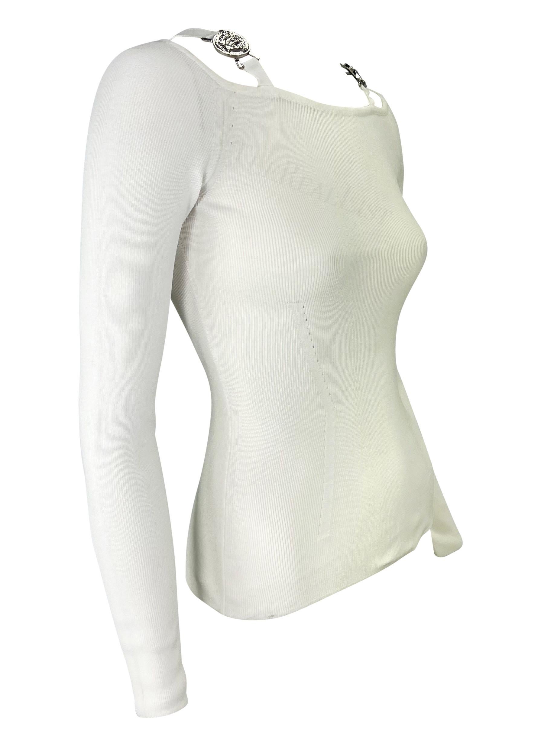 S/S 2005 Versace by Donatella Medusa Medallion Buckle White Knit Stretch Top For Sale 3