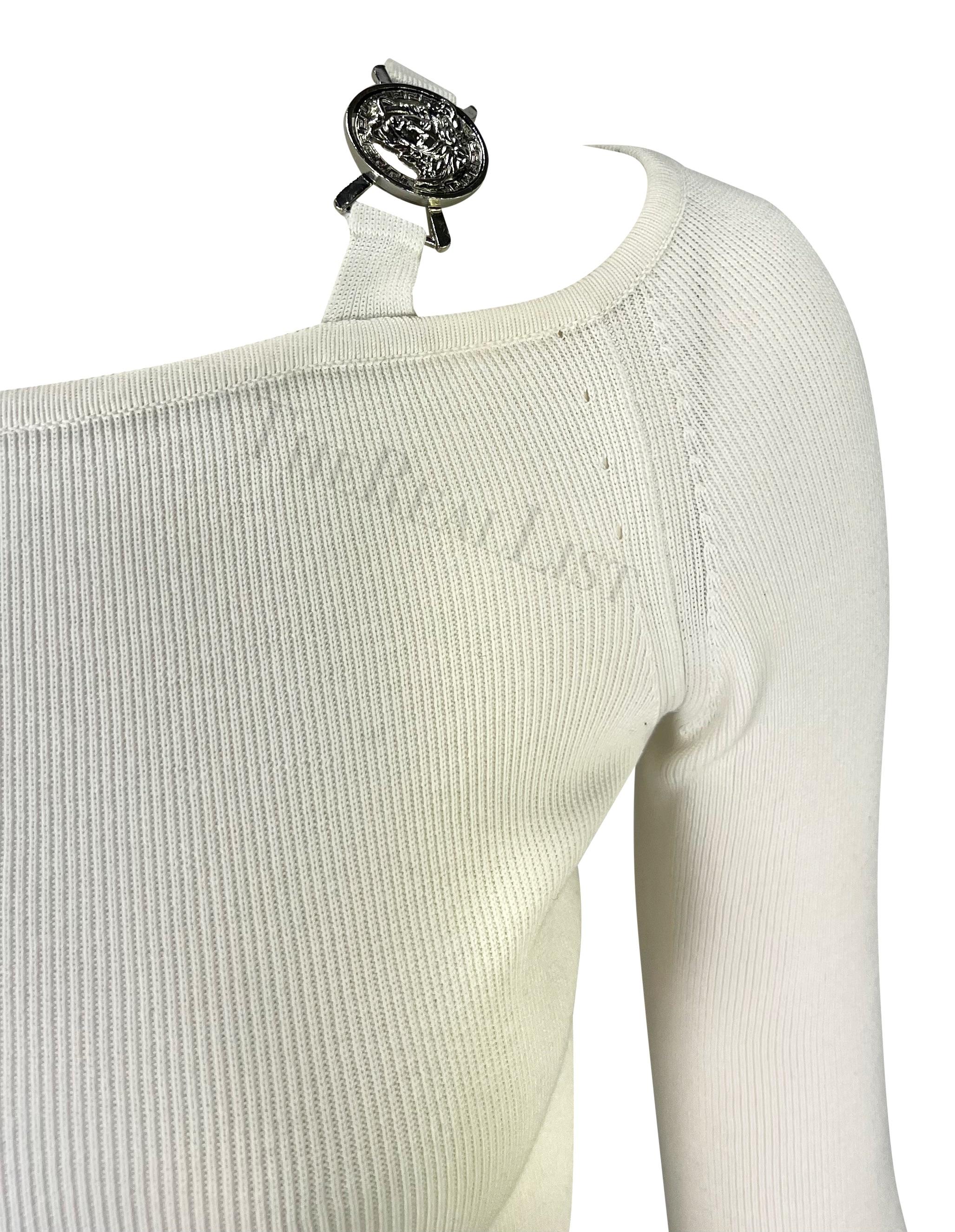S/S 2005 Versace by Donatella Medusa Medallion Buckle White Knit Stretch Top For Sale 4