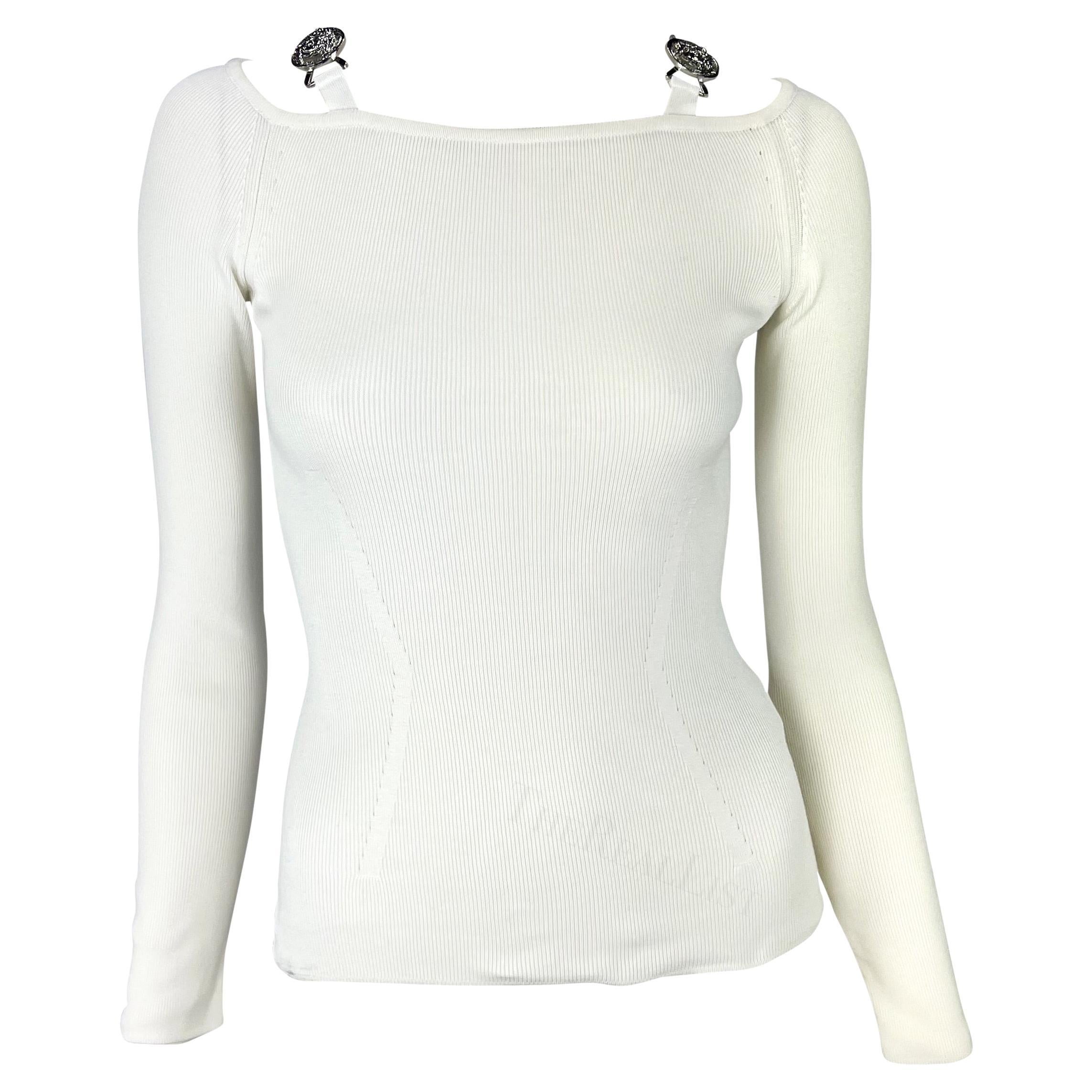 S/S 2005 Versace by Donatella Medusa Medallion Buckle White Knit Stretch Top For Sale