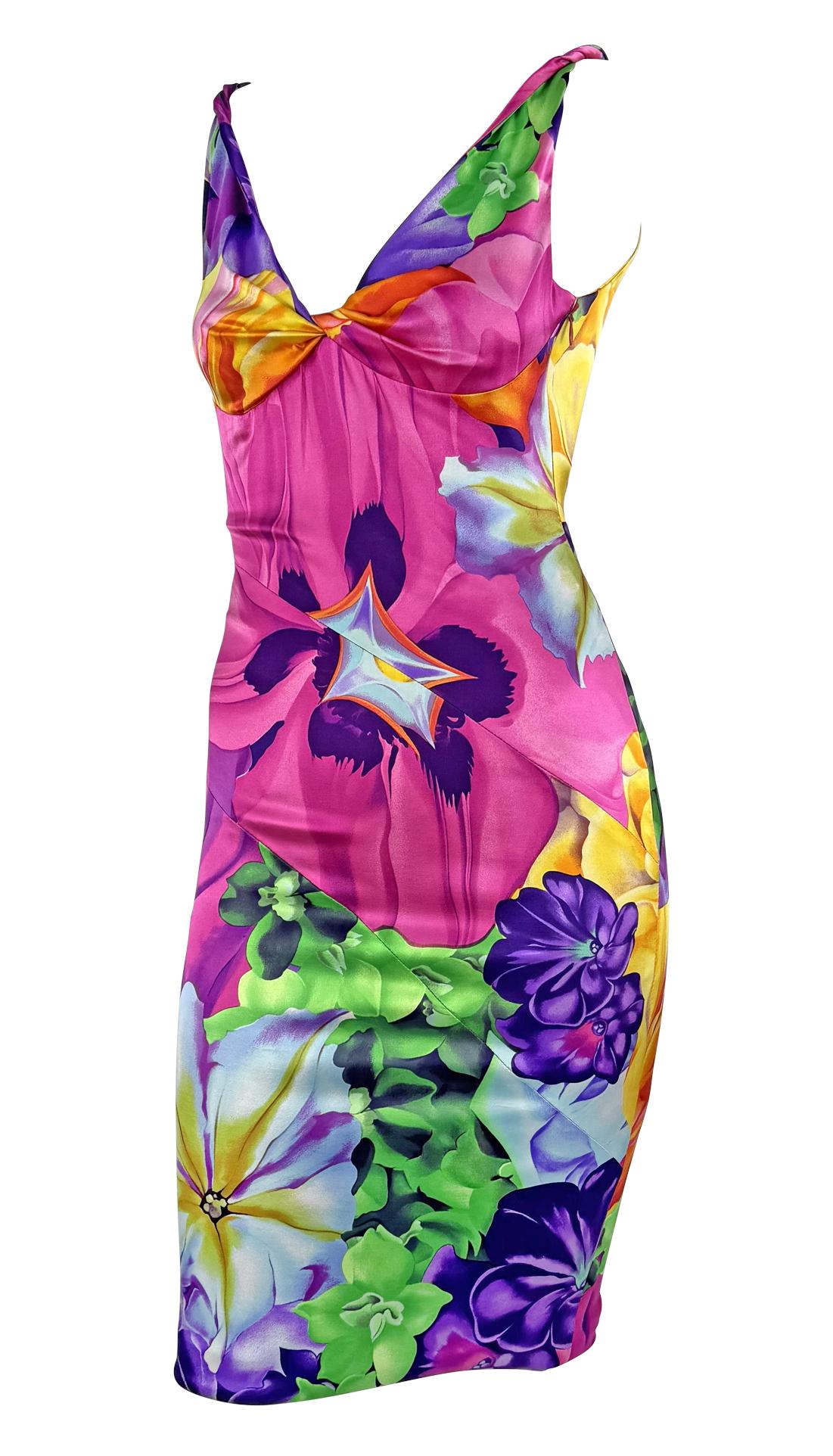 Pink S/S 2005 Versace by Donatella Neon Multicolor Floral Satin Bodycon Stretch Dress For Sale