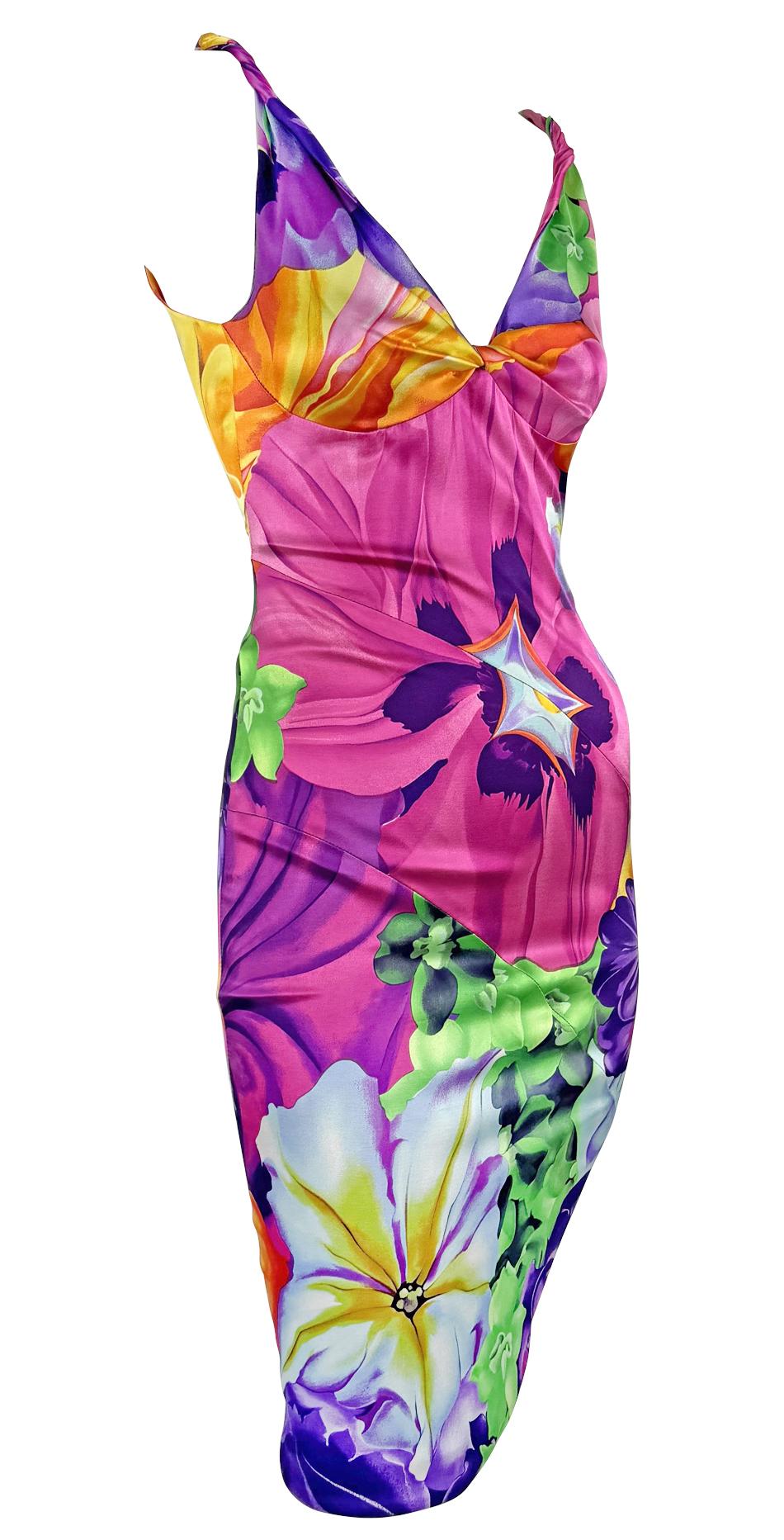 Women's S/S 2005 Versace by Donatella Neon Multicolor Floral Satin Bodycon Stretch Dress For Sale