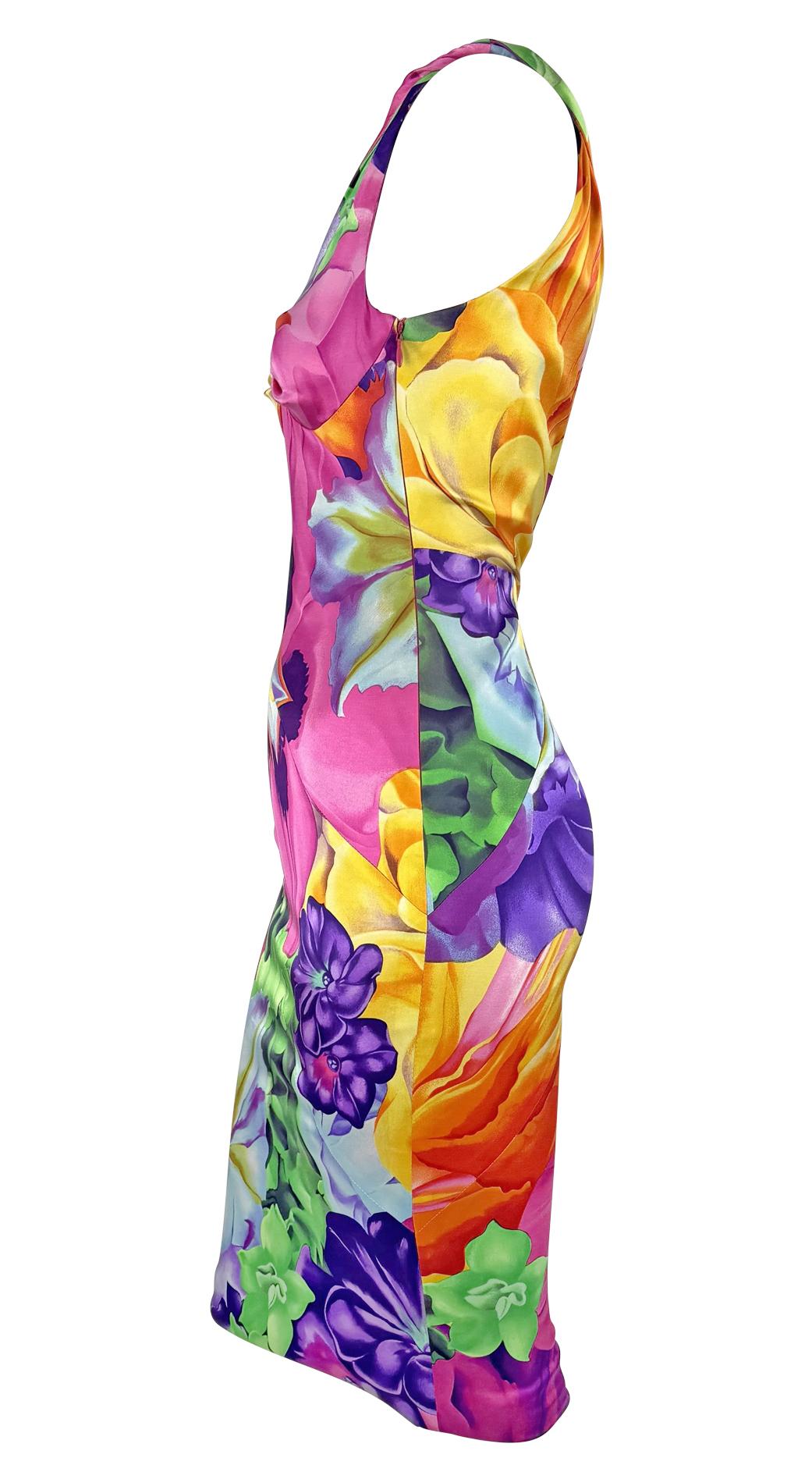 S/S 2005 Versace by Donatella Neon Multicolor Floral Satin Bodycon Stretch Dress For Sale 1