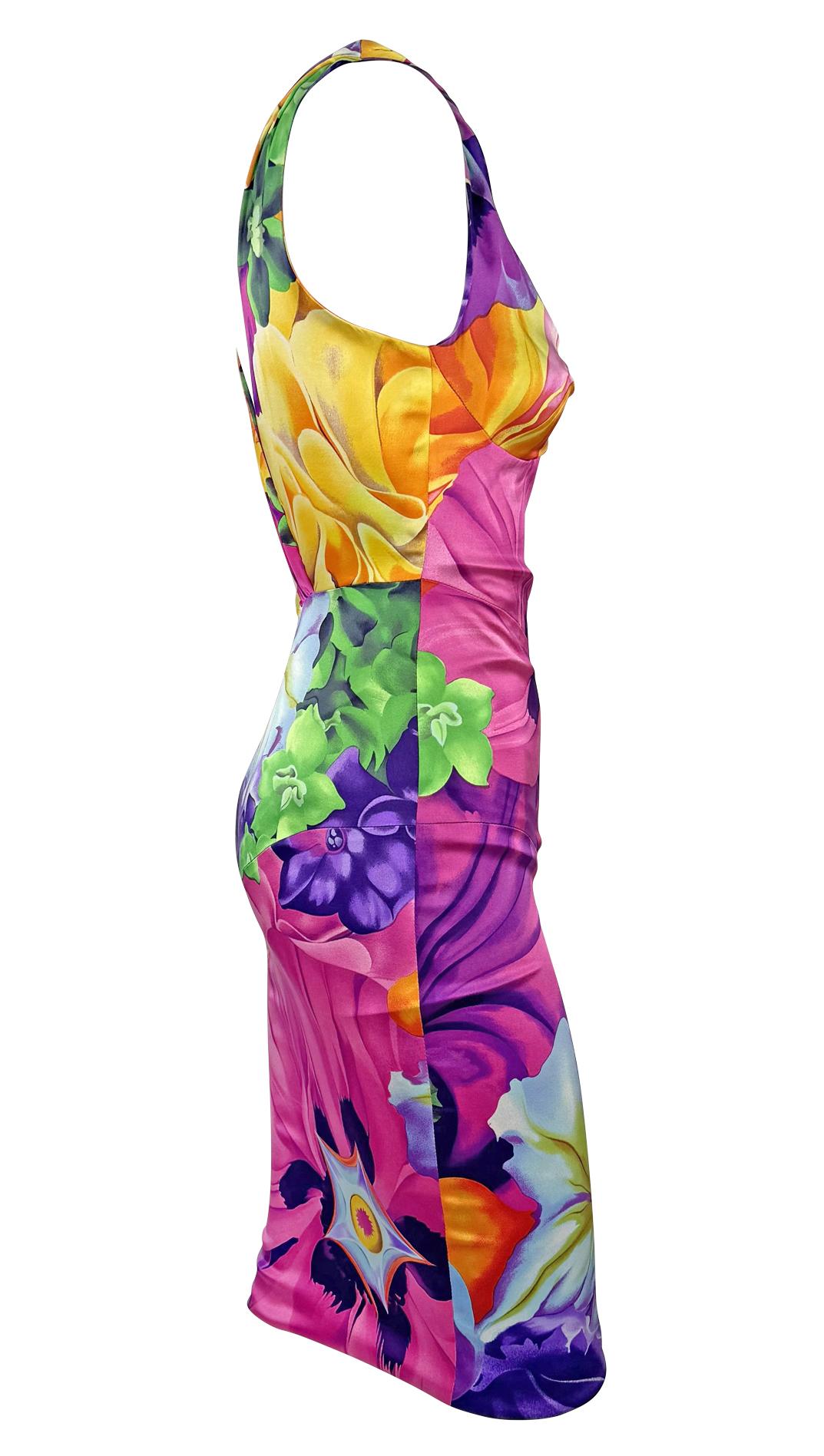 S/S 2005 Versace by Donatella Neon Multicolor Floral Satin Bodycon Stretch Dress For Sale 2
