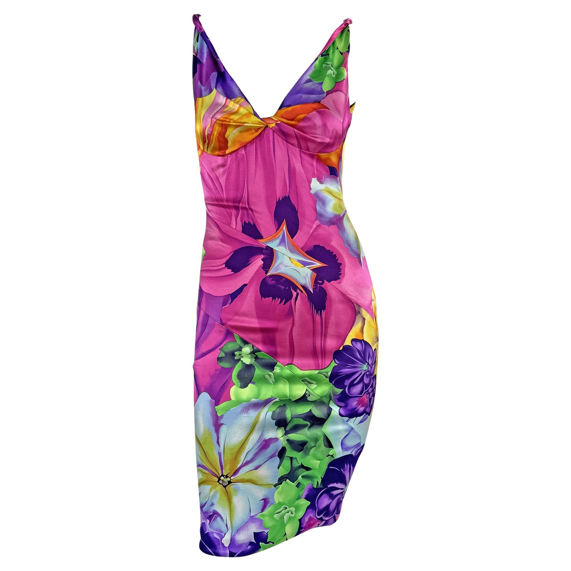 S/S 2005 Versace by Donatella Neon Multicolor Floral Satin Bodycon Stretch Dress For Sale