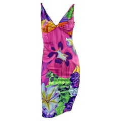 S/S 2005 Versace by Donatella Versace Vestido elástico bodycon satén floral multicolor neón
