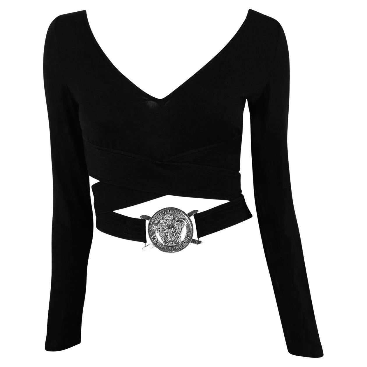 P/E 2005 Versace by Donatella Versace Oversized Medusa Buckle Black Stretch Crop Top