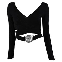 S/S 2005 Versace by Donatella Oversized Medusa Buckle Black Stretch Crop Top
