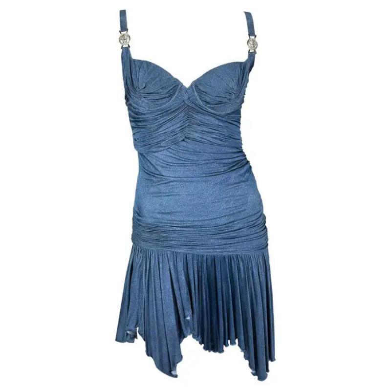 P/E 2005 Versace by Donatella Versace: mini abito increspato in denim blu con trompe l'œil in vendita