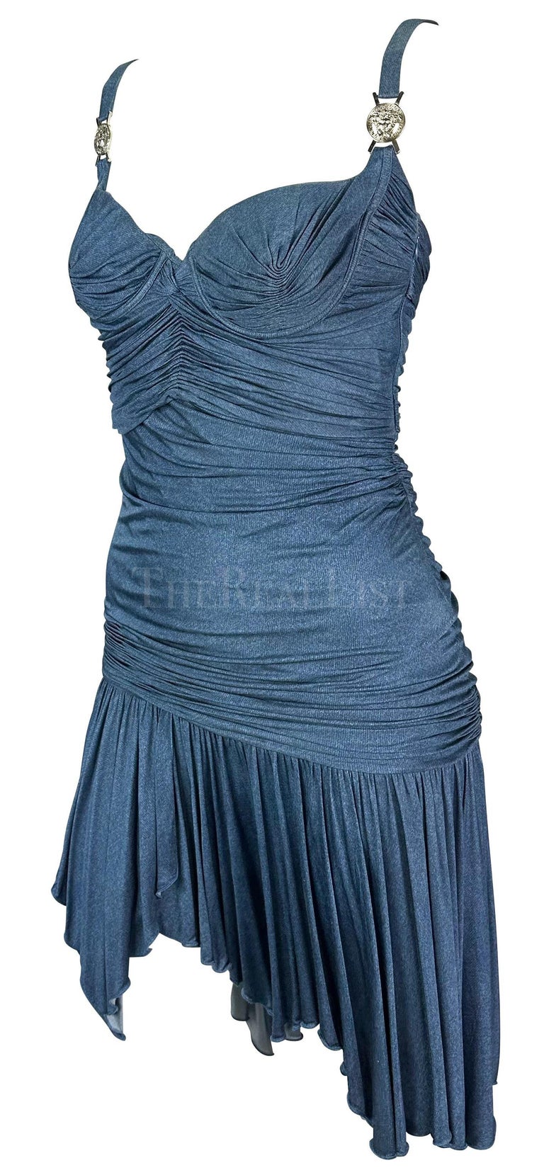 S/S 2005 Versace by Donatella Runway Ruched Trompe L'il Denim Blue Mini Dress For Sale at 1stDibs S/S 2005 Versace by Donatella Runway Ruched Trompe L'il Denim Blue Mini Dress For Sale at 1stDibs