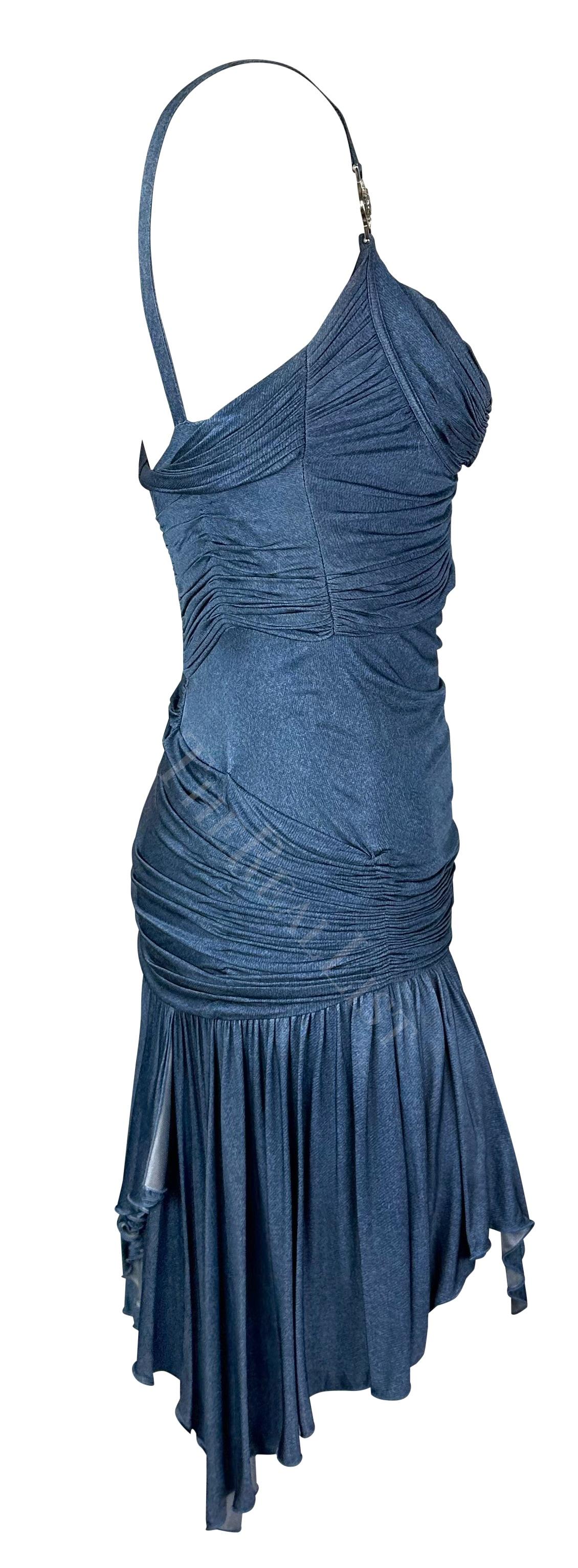 S/S 2005 Versace by Donatella Runway Ruched Trompe L'œil Denim Blue Mini Dress For Sale 4