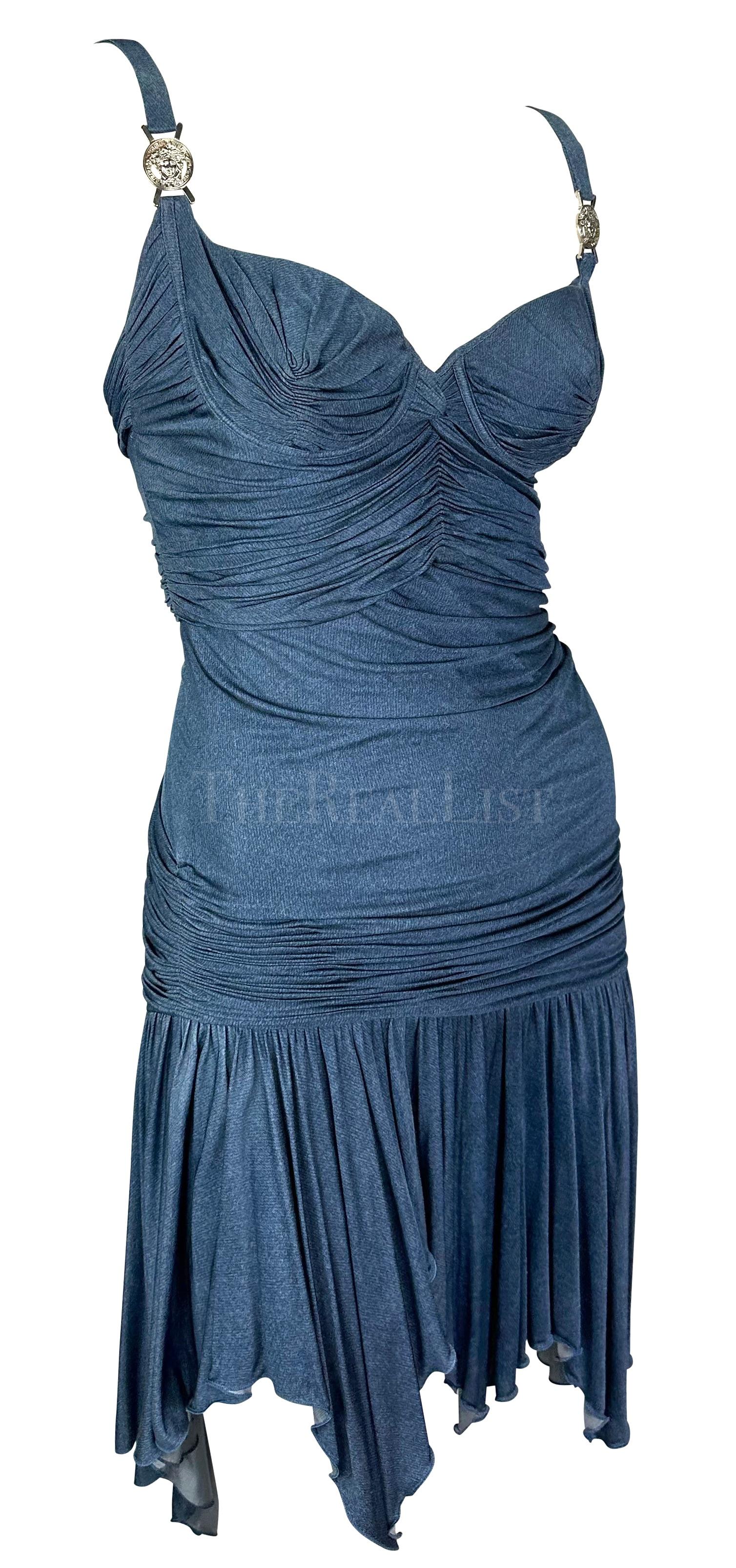 S/S 2005 Versace by Donatella Runway Ruched Trompe L'œil Denim Blue Mini Dress For Sale 5