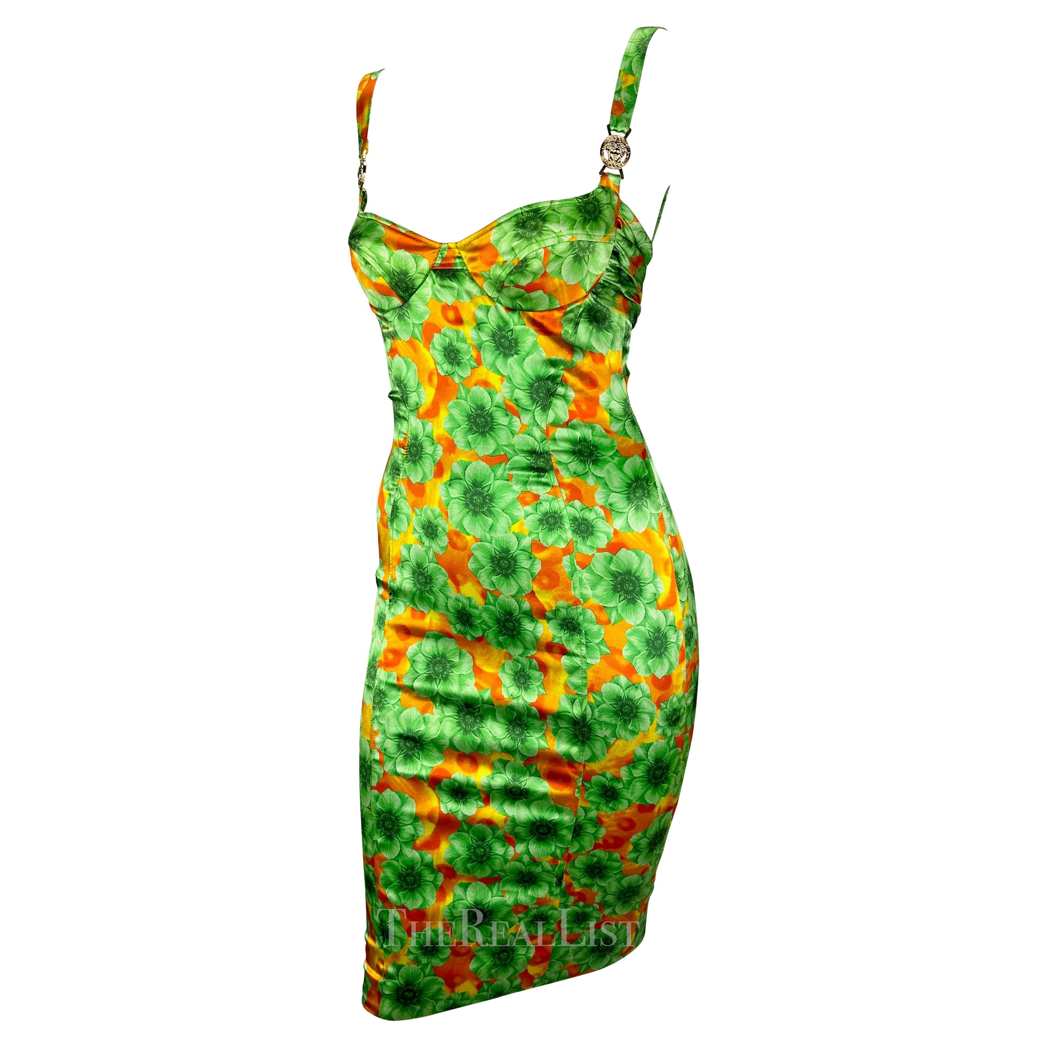 Women's S/S 2005 Versace by Donatella Sample Orange Green Floral Satin Bodycon Dress For Sale
