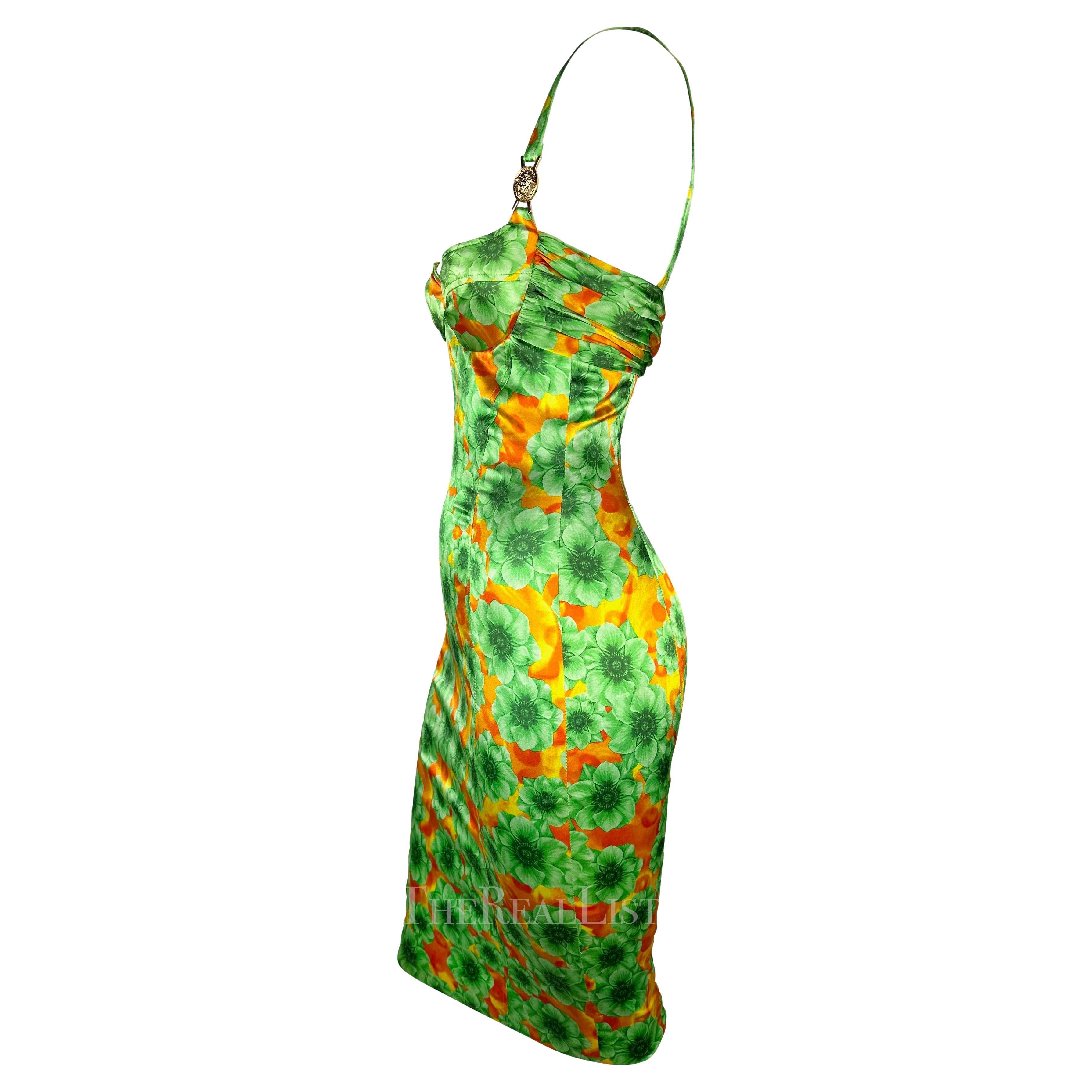 S/S 2005 Versace by Donatella Sample Orange Green Floral Satin Bodycon Dress For Sale 1