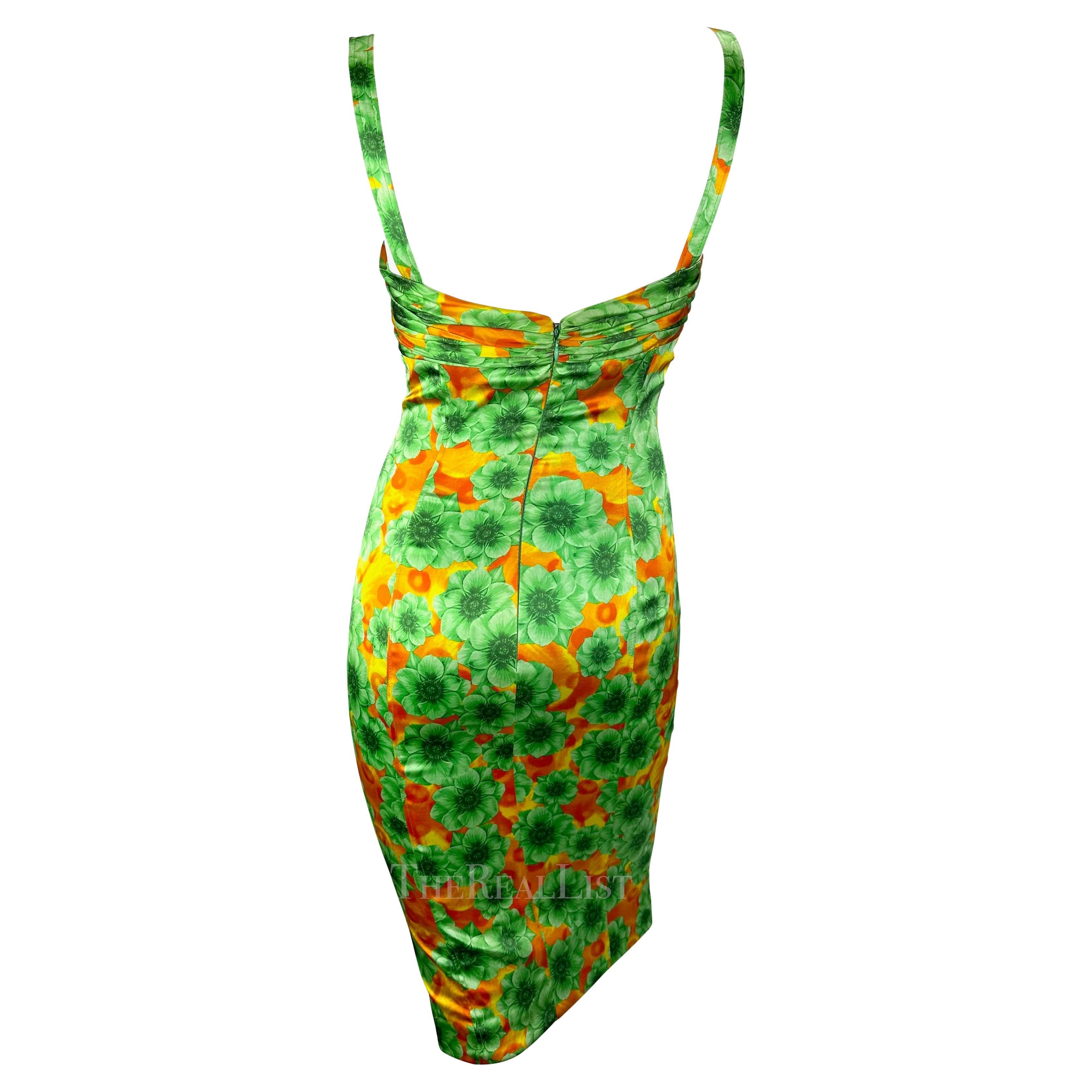 S/S 2005 Versace by Donatella Sample Orange Green Floral Satin Bodycon Dress For Sale 2