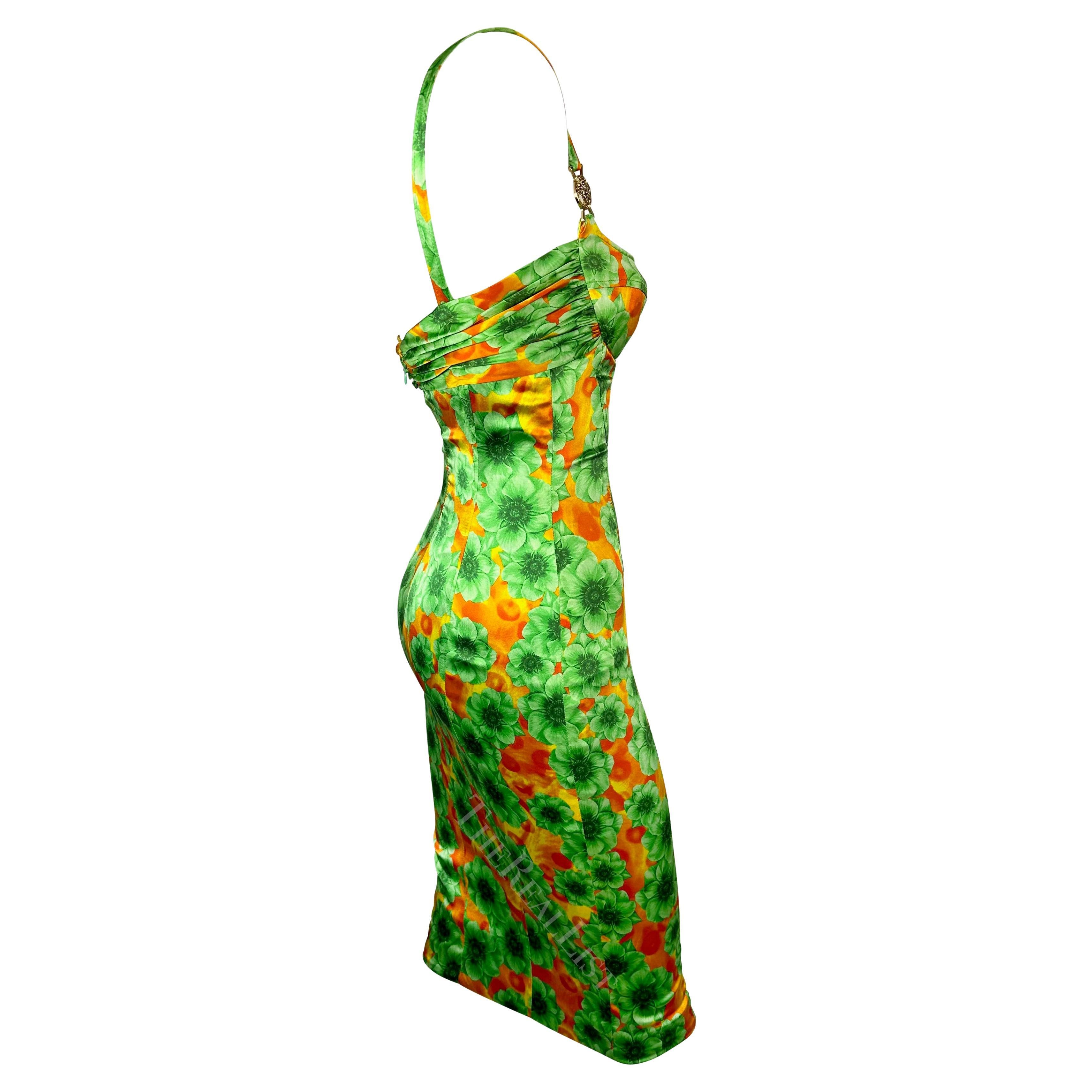 S/S 2005 Versace by Donatella Sample Orange Green Floral Satin Bodycon Dress For Sale 3