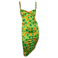 Versace by Donatella Versace, campionessa del vestito Bodycon in raso floreale arancione e verde, P/E 2005