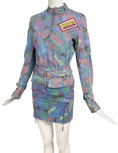 S/S 2005 Versace Chaos Couture Butterfly Denim Patch Jacket & Mini Skirt Set