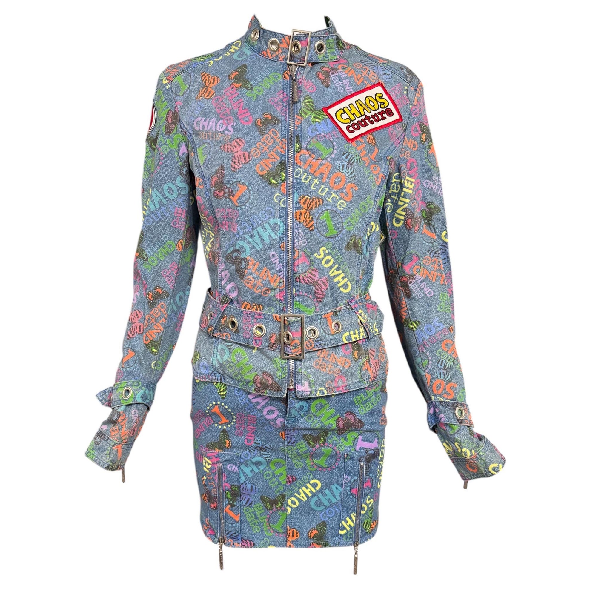 S/S 2005 Versace Chaos Couture Butterfly Denim Patch Jacket & Mini Skirt Set For Sale