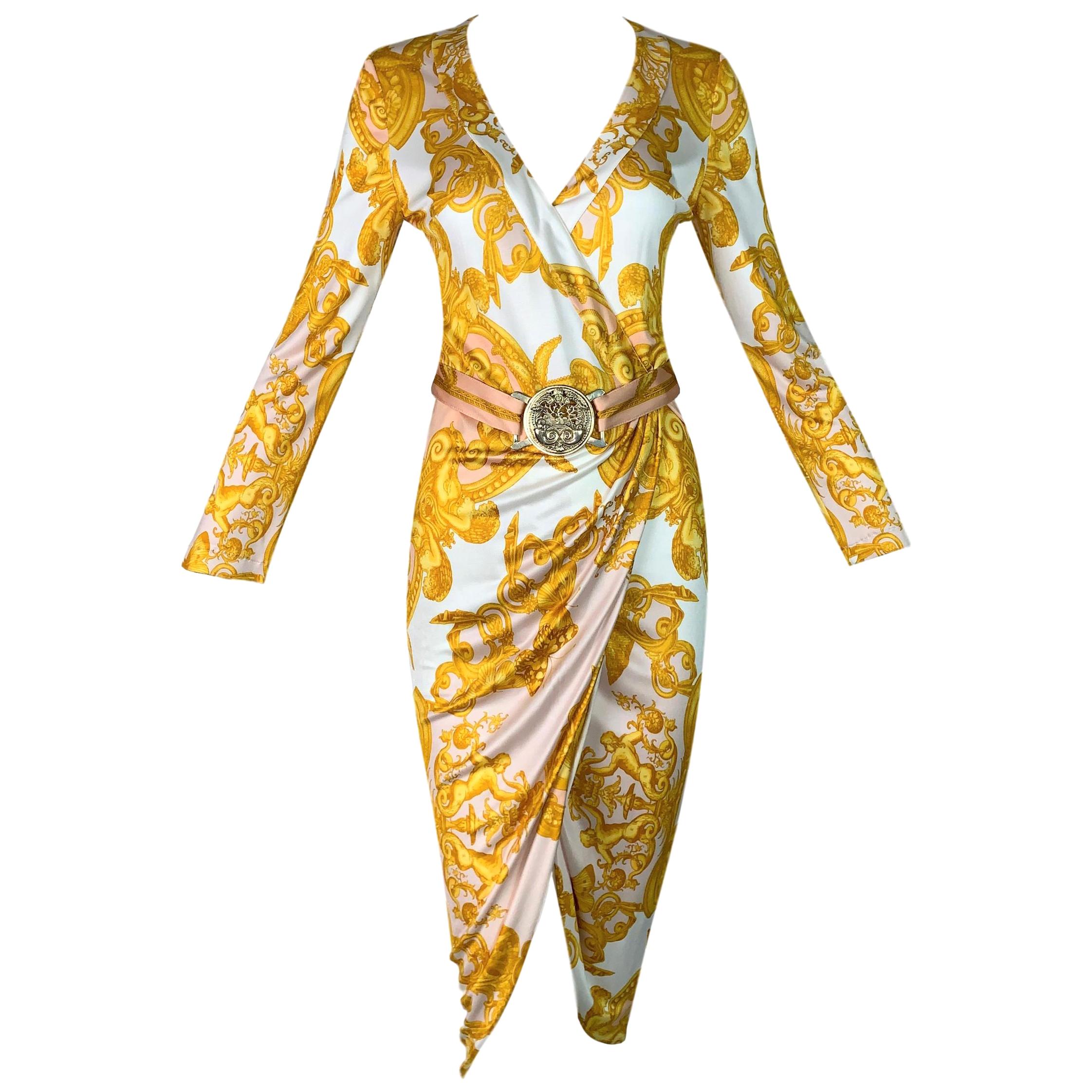 S/S 2005 Versace Runway 70's Style Gold Baroque Wrap Dress