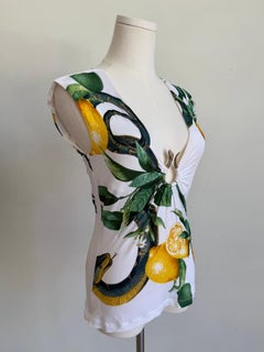 S/S 2005 White “Lemon & Serpent” Ruched Cap Sleeve Top