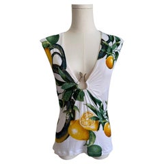 S/S 2005 White “Lemon & Serpent” Ruched Cap Sleeve Top