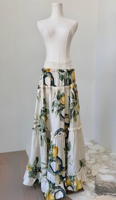 S/S 2005 White Silk “Lemon & Serpent” Ruched Tiered Skirt