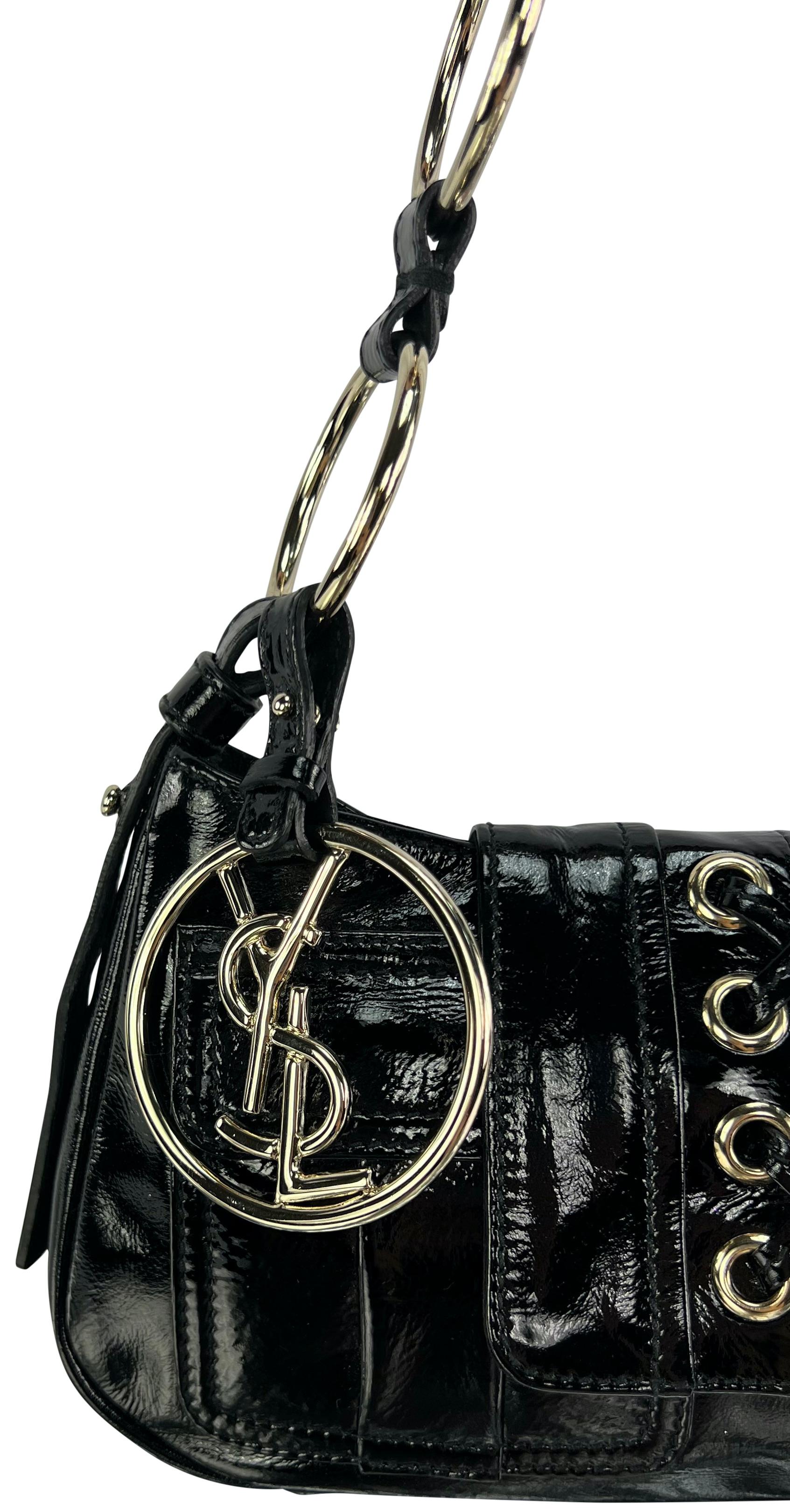 Women's S/S 2005 Yves Saint Laurent Black Patent Leather YSL Logo Ring Mini Shoulder Bag