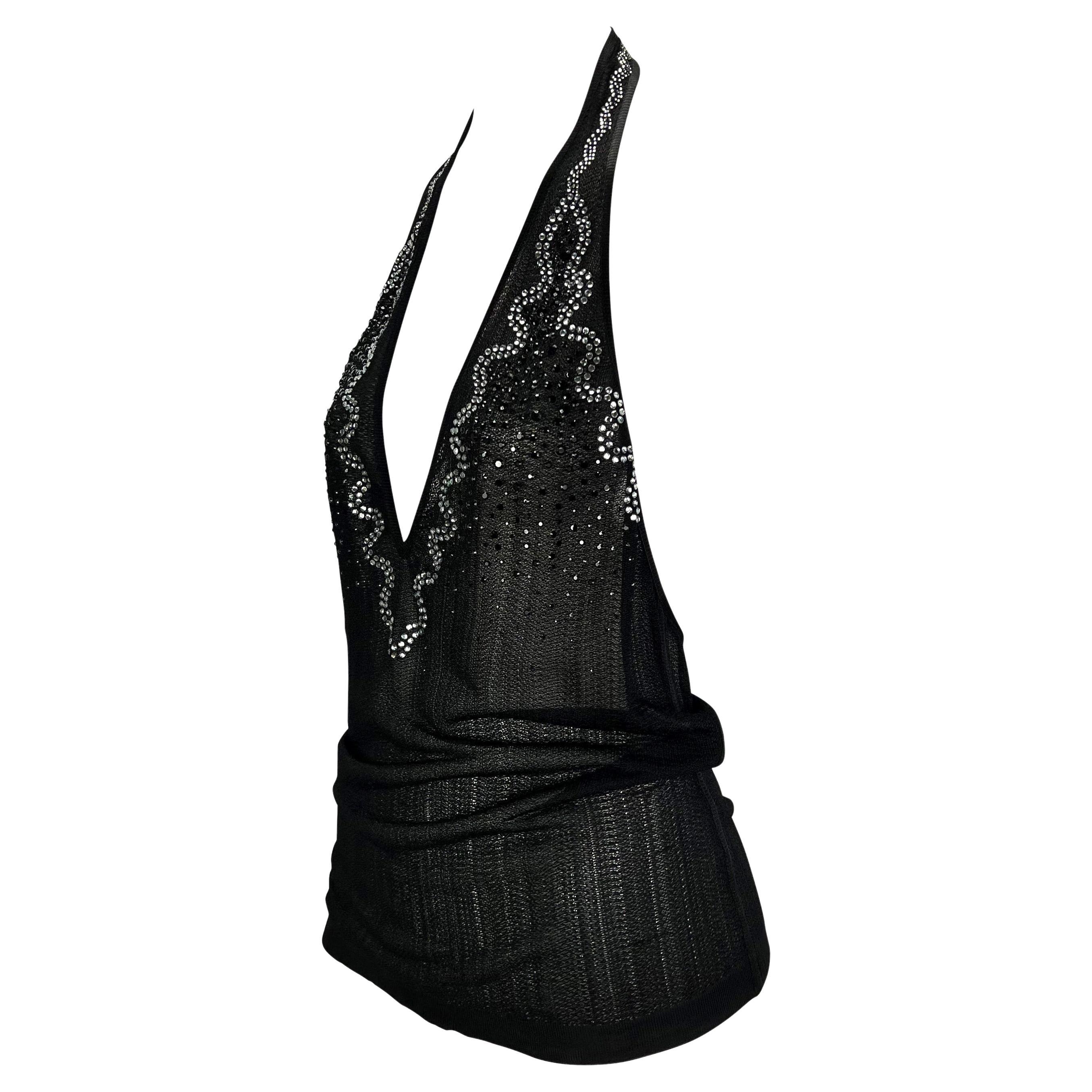 Black S/S 2005 Yves Saint Laurent Rhinestone Sheer Knit Viscose Halter Top For Sale
