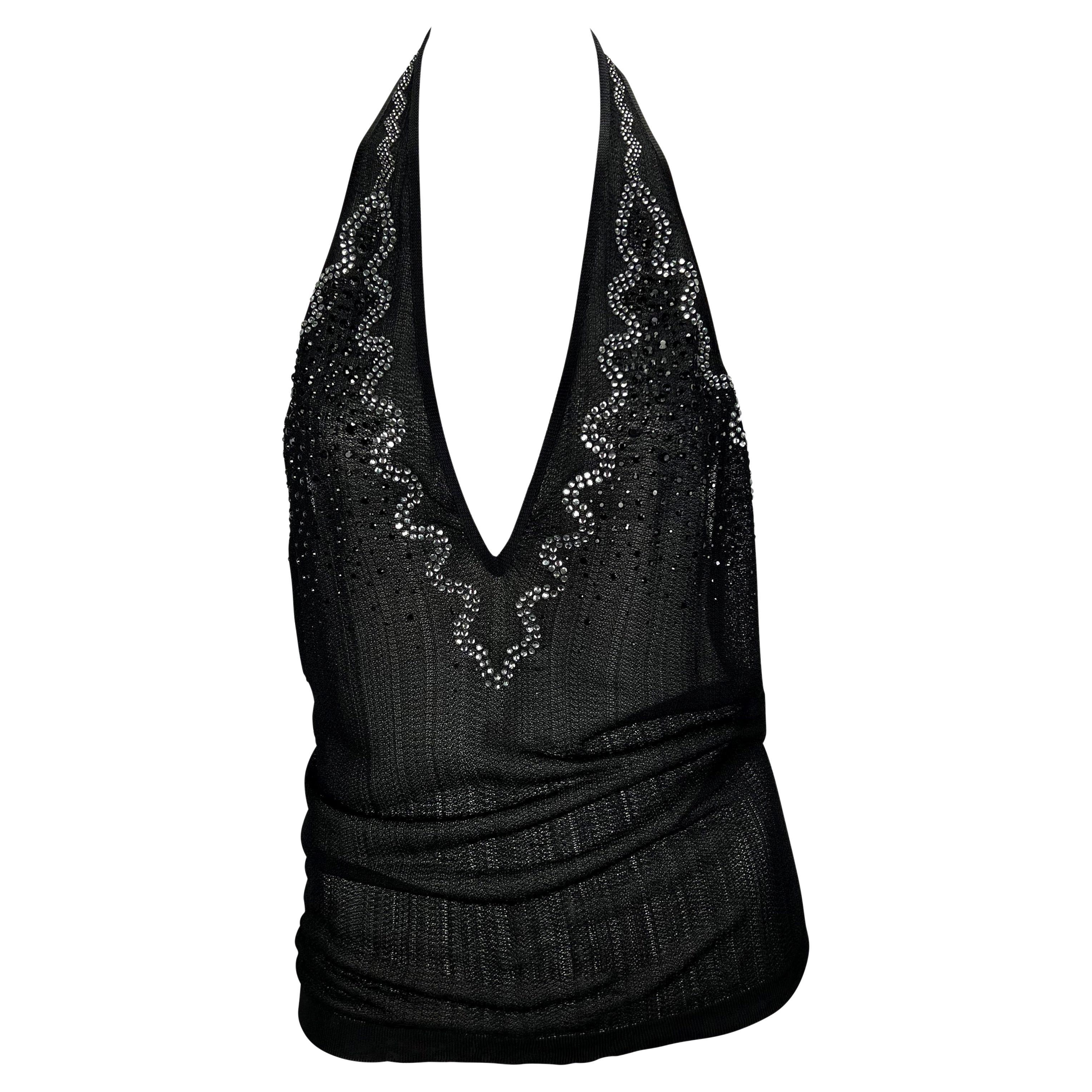S/S 2005 Yves Saint Laurent Rhinestone Sheer Knit Viscose Halter Top For Sale