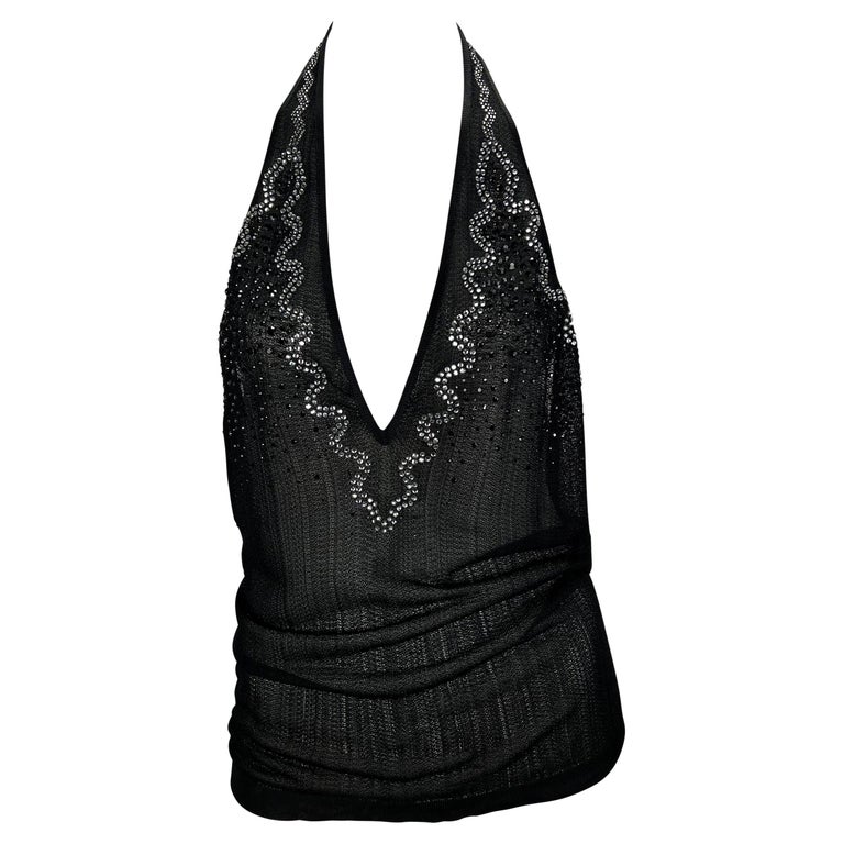 S/S 2005 Yves Saint Laurent Rhinestone Sheer Knit Viscose Halter Top For  Sale at 1stDibs