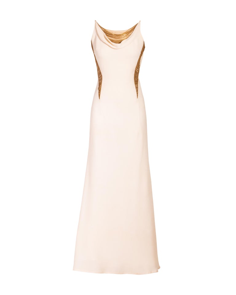 S/S 2006 Alexander McQueen Gold Chain White Gown at 1stDibs | white and gold  dress, white gold dress, alexander mcqueen silk maxi dress sweetheart  neckline