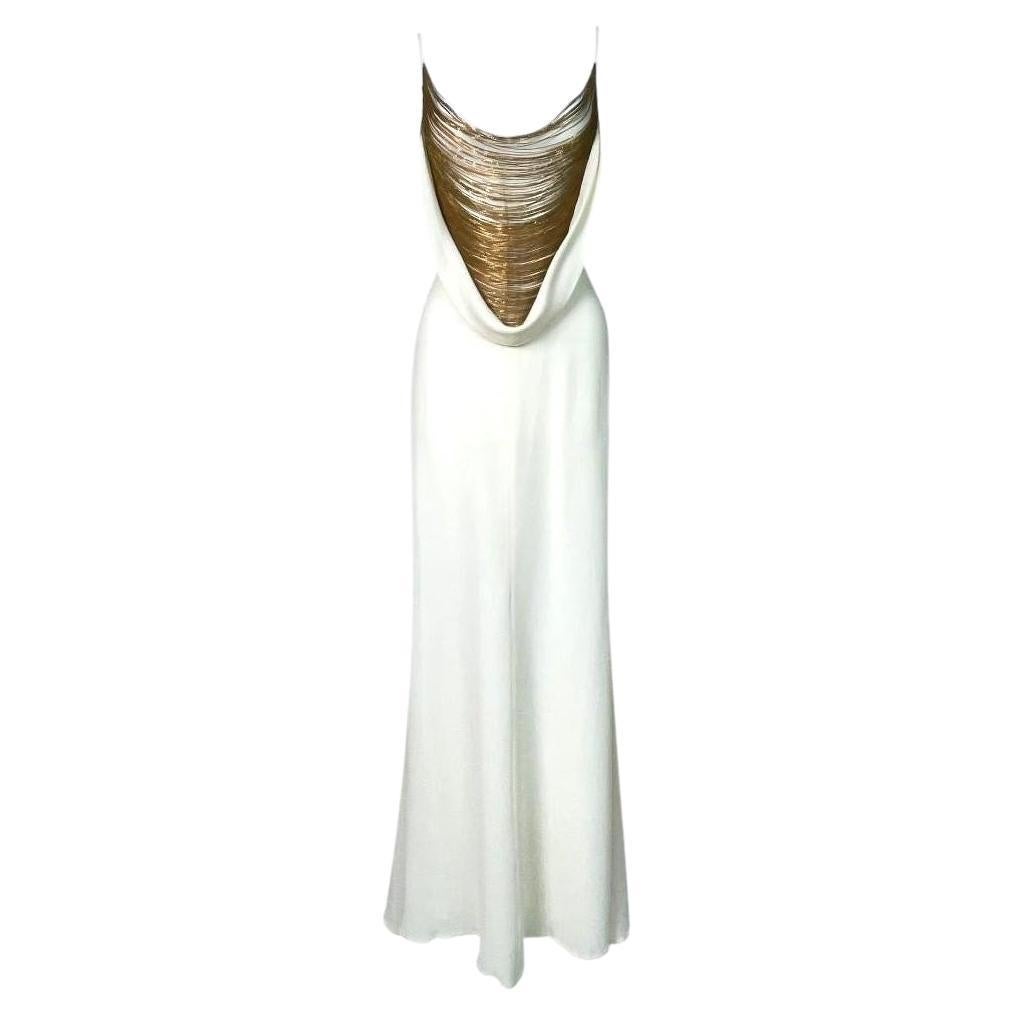 S/S 2006 Alexander McQueen Runway Gold Chain Plunging Ivory Maxi Dress