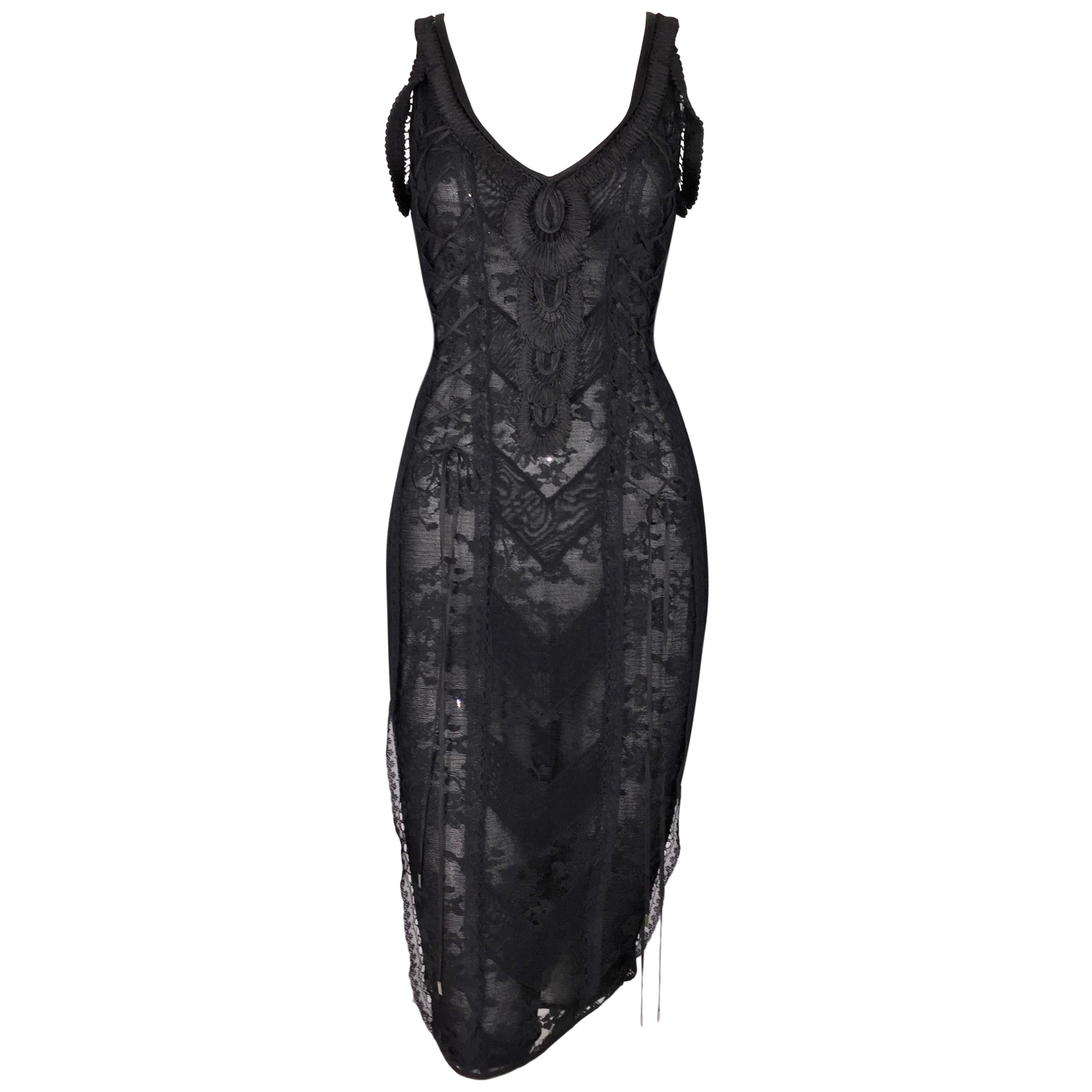 S/S 2006 Christian Dior by John Galliano Sheer Black Lace Corset Tie Up Dress