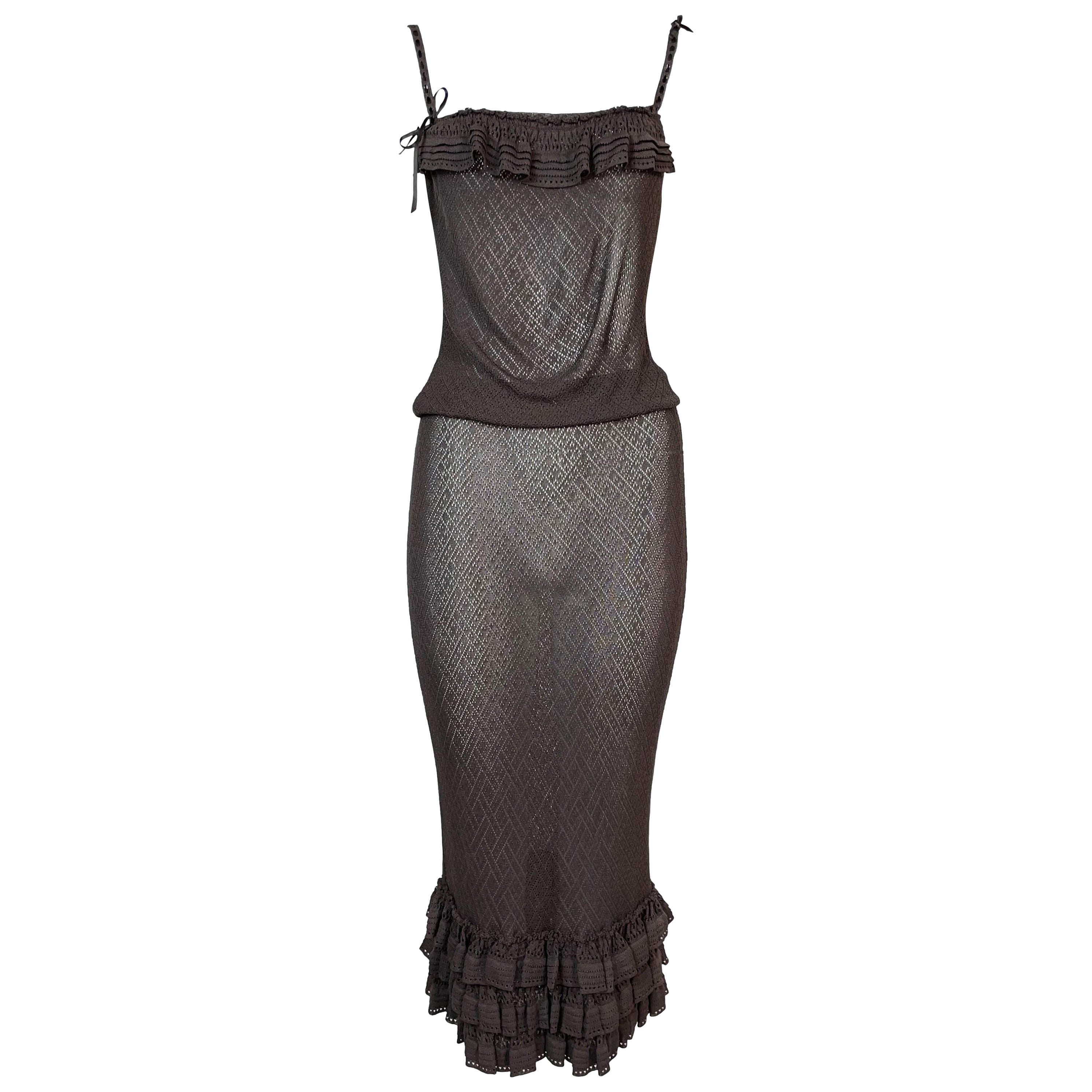 S/S 2006 Christian Dior John Galliano Sheer Brown Knit Top & Skirt Set