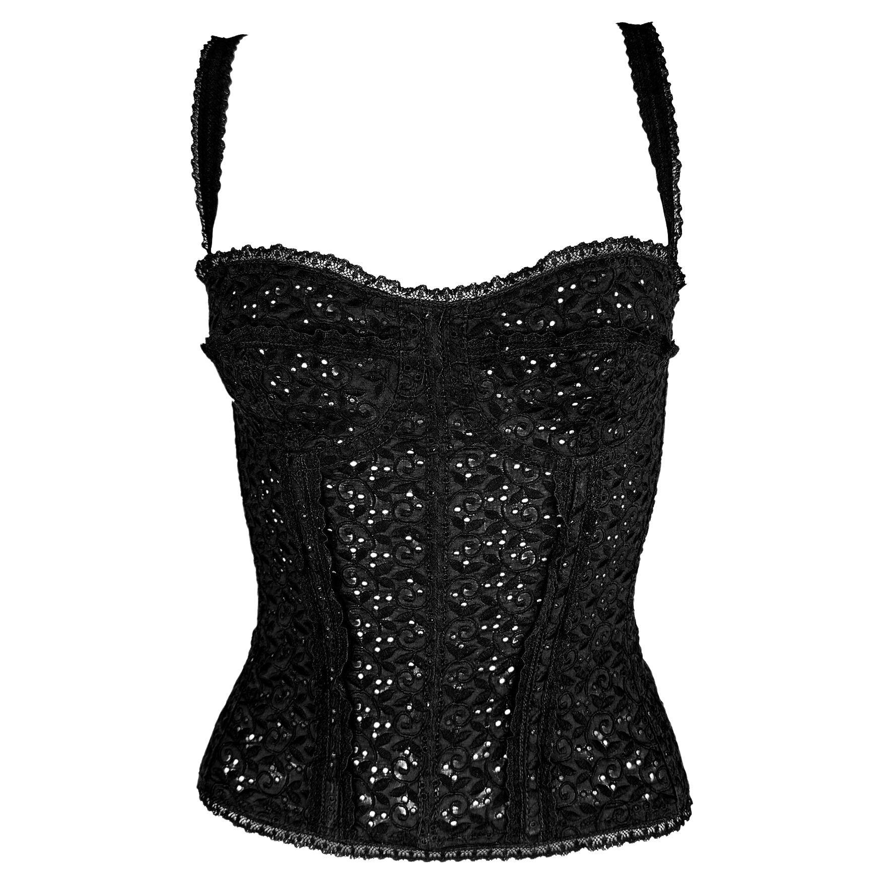 S/S 2006 Dolce & Gabbana Corset Boned Sheer Black Broderie Anglais Bustier Top