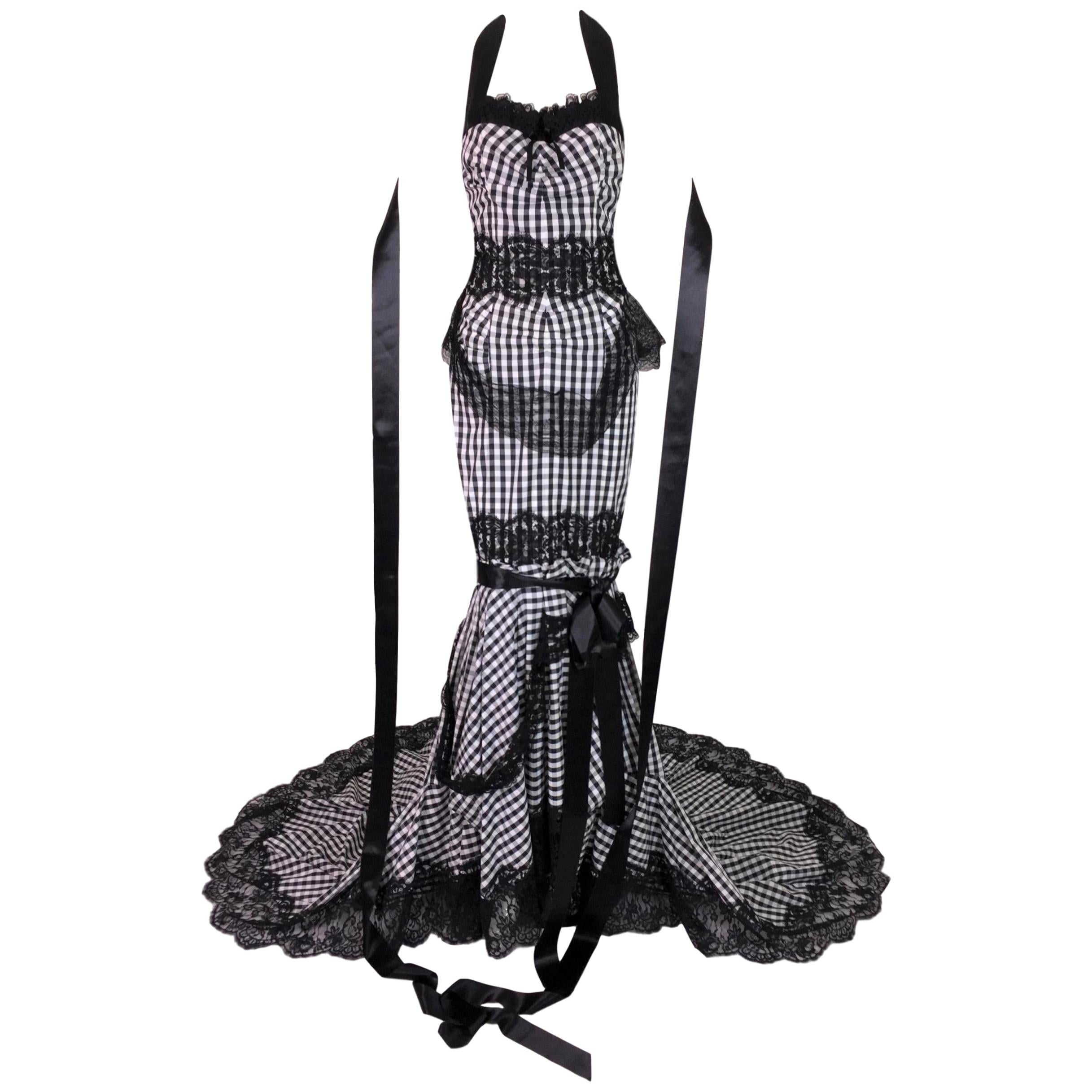 S/S 2006 Dolce & Gabbana Runway Black & White Gingham Lace Gown Dress